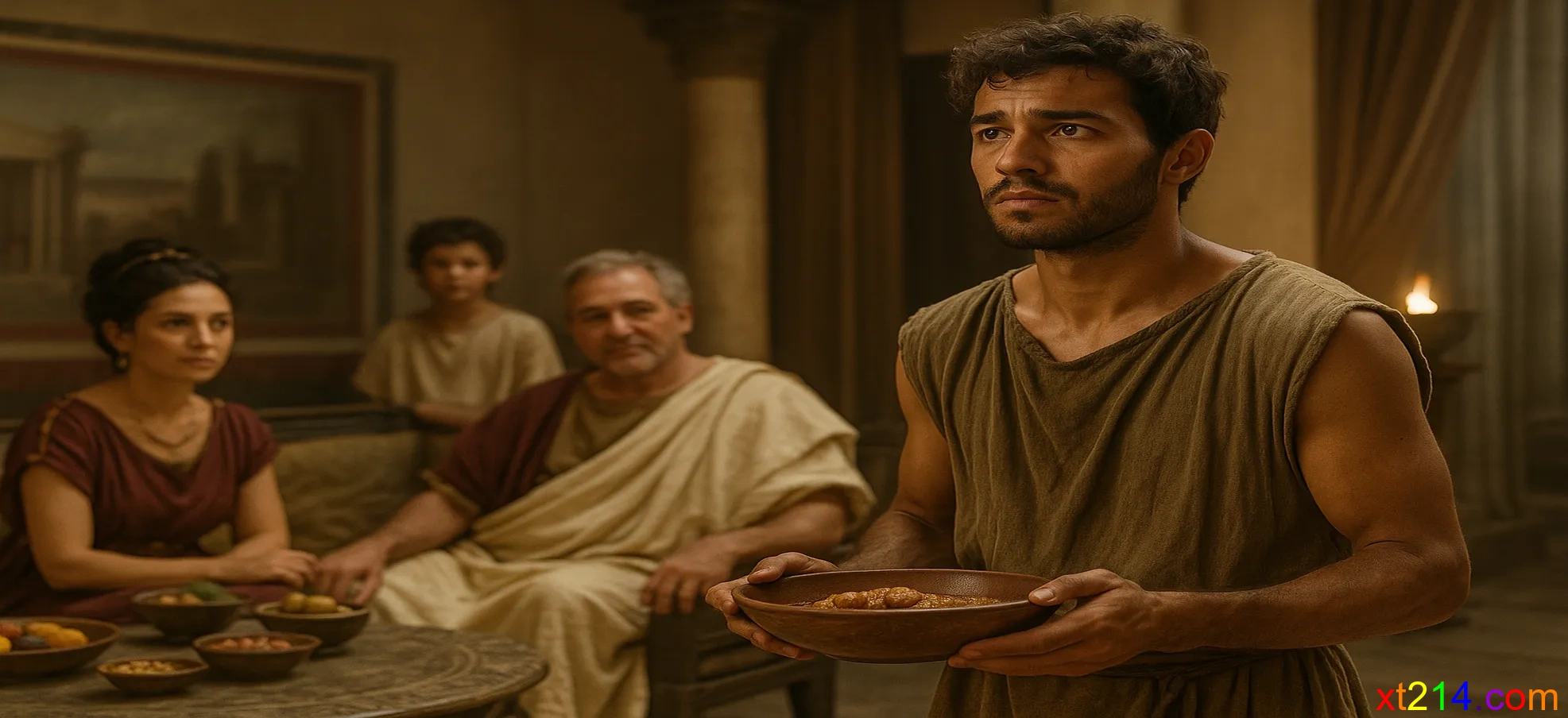 古代家庭中的奴隶阿尼西母在服侍主人，神情带有不甘和渴望