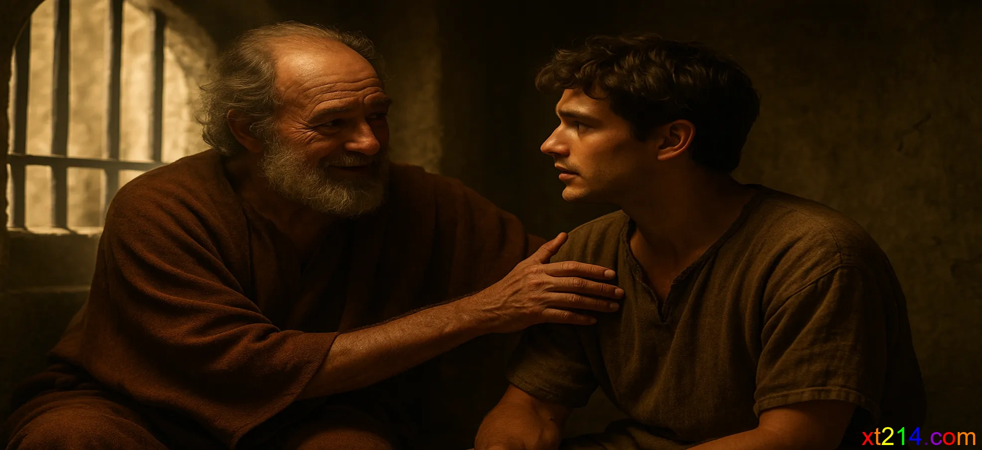 保罗在监狱中与阿尼西母交谈，温暖的光芒照亮两人