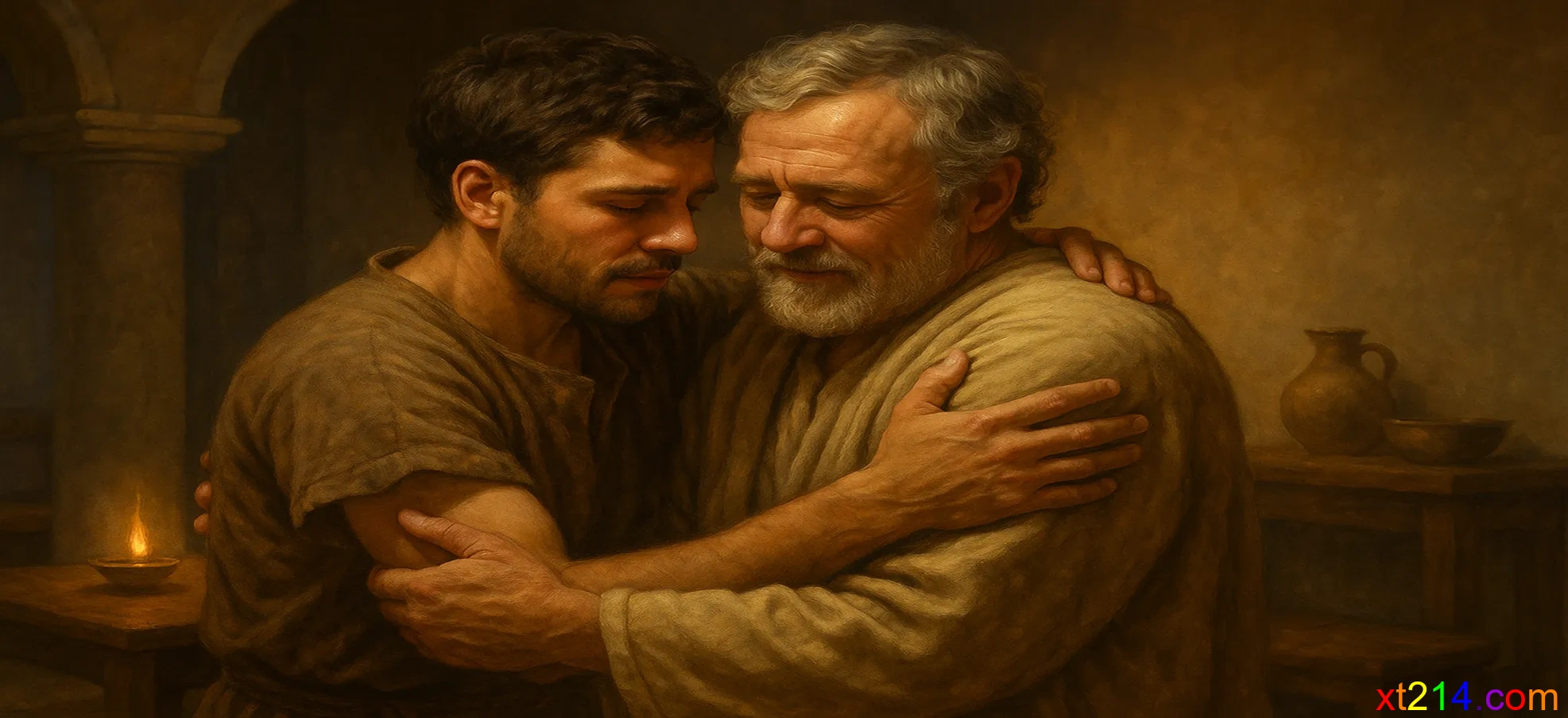 阿尼西母和腓利门拥抱，象征从主仆关系转为弟兄关系