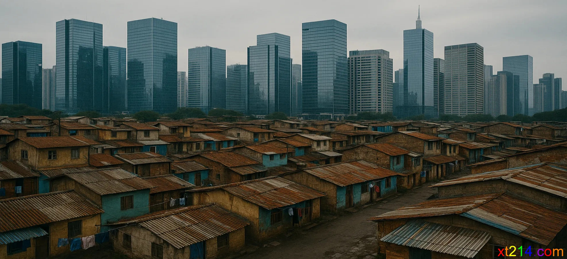 城市景观显示贫富差距，高楼大厦与简陋住所的强烈对比