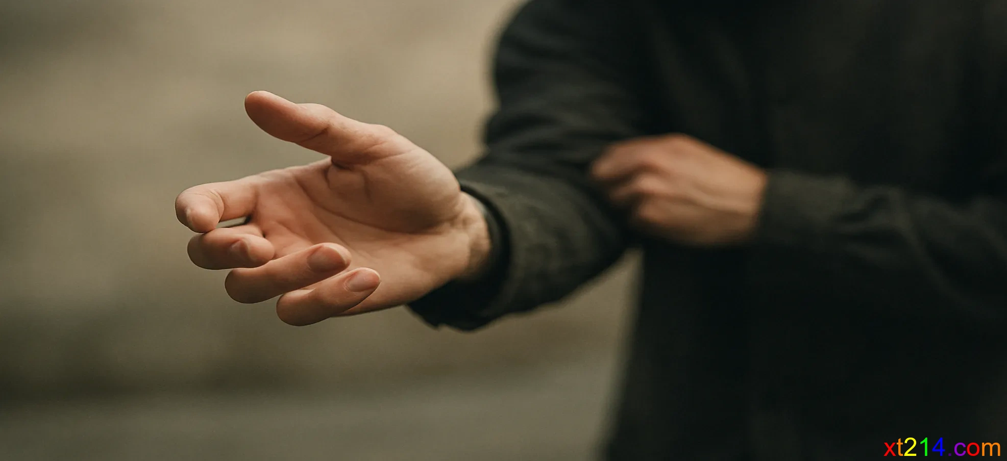 一只伸出的手犹豫不决，象征在尊严和生存需求间的艰难抉择