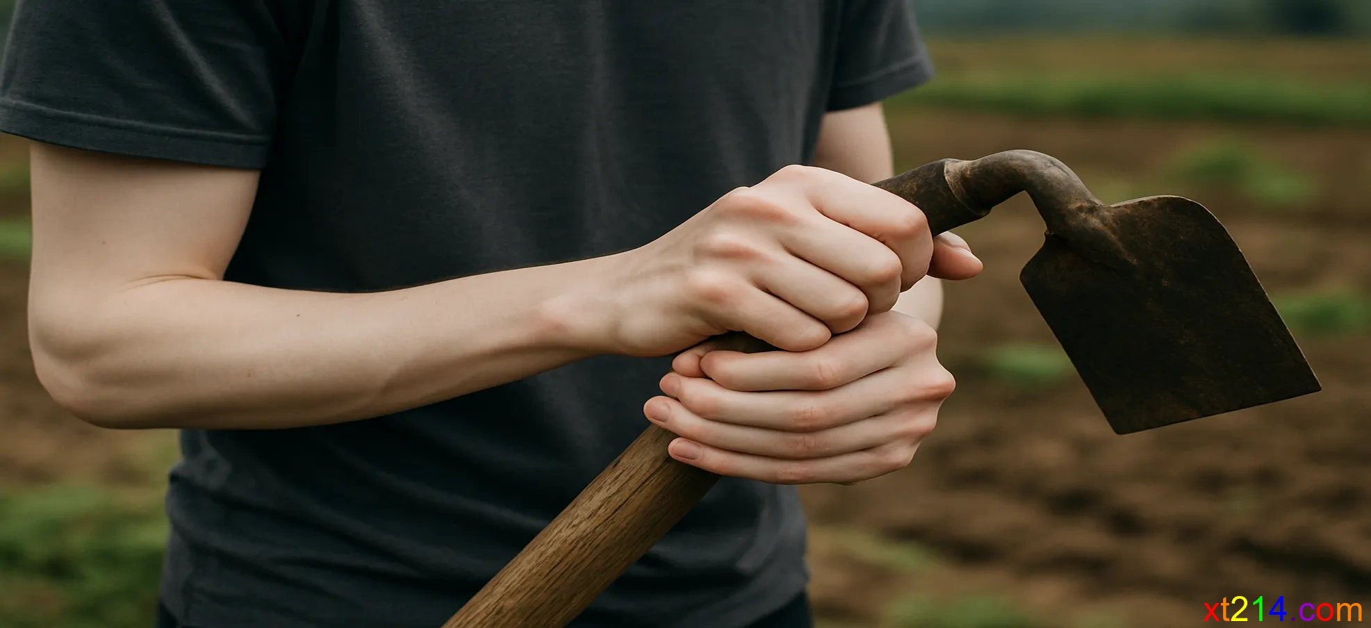 现代年轻人无力握住锄头，手部特写显示缺乏体力劳动的痕迹