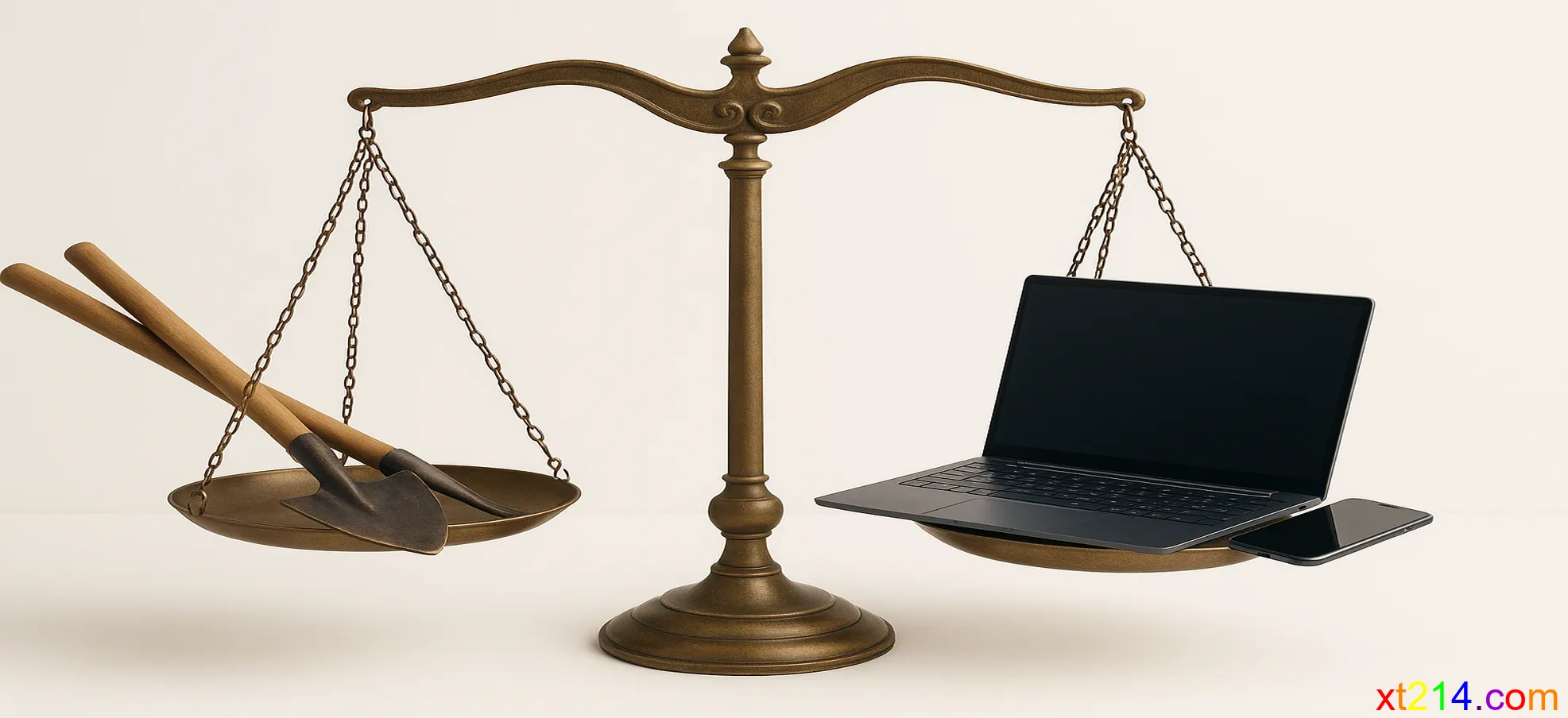 天平一边是体力劳动工具，另一边是现代科技产品，象征价值观的重新衡量