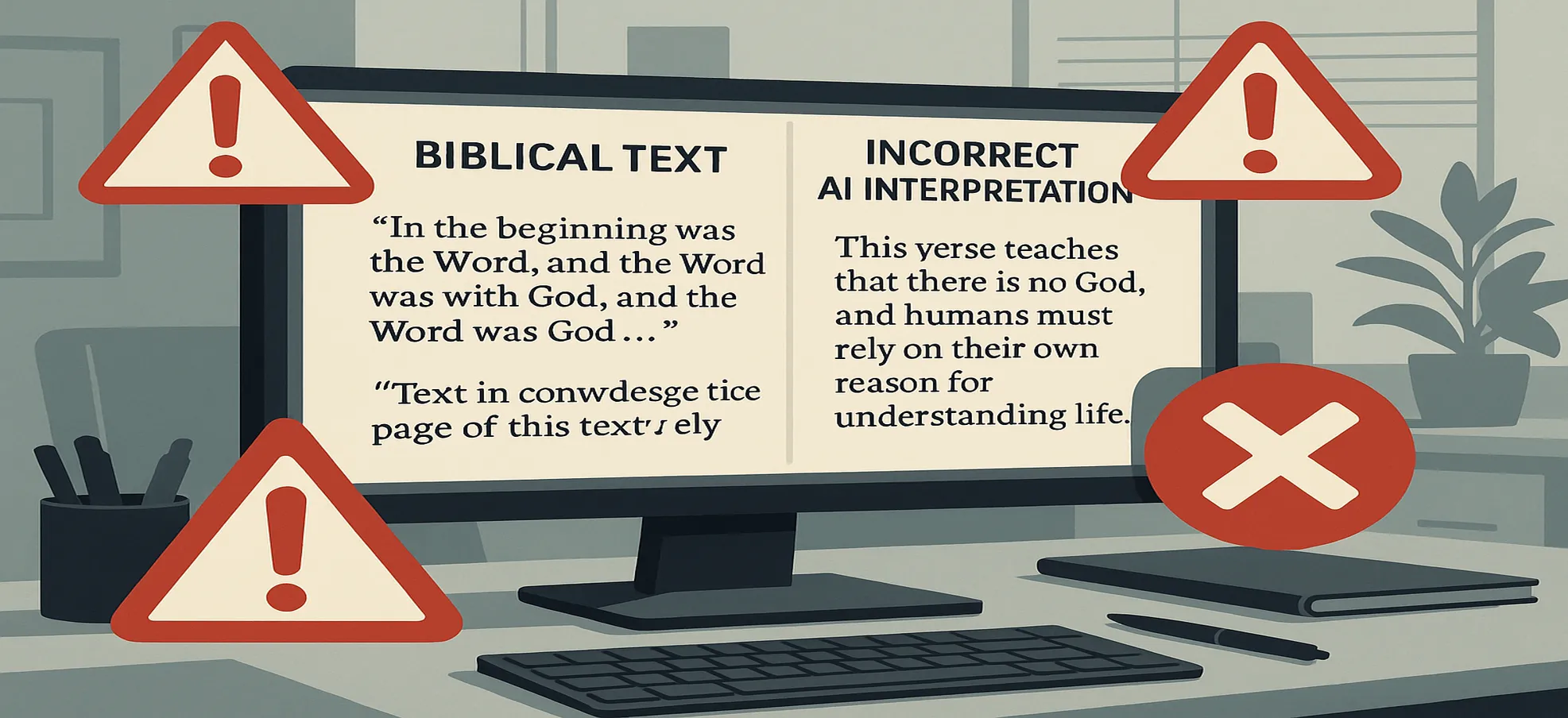 计算机屏幕显示错误的圣经解释，被红色警告标记包围