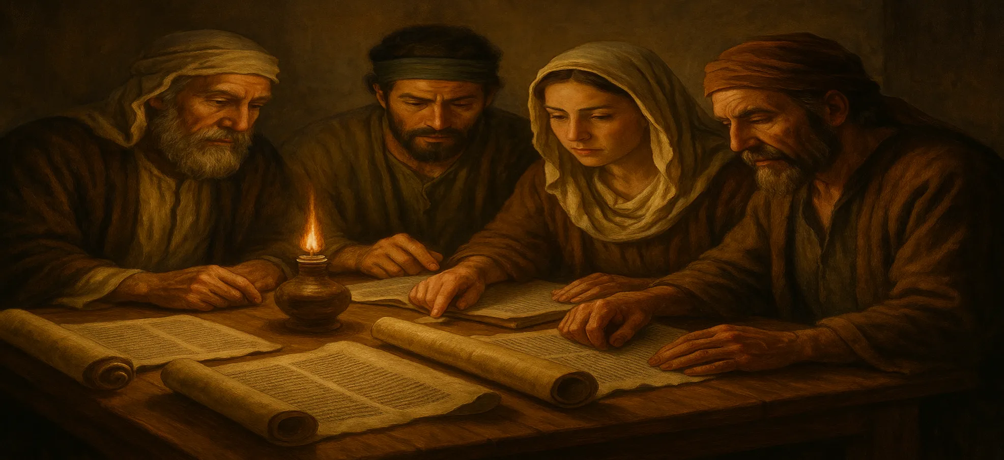 古代庇哩亚信徒认真查考圣经，桌上摊开多本经卷