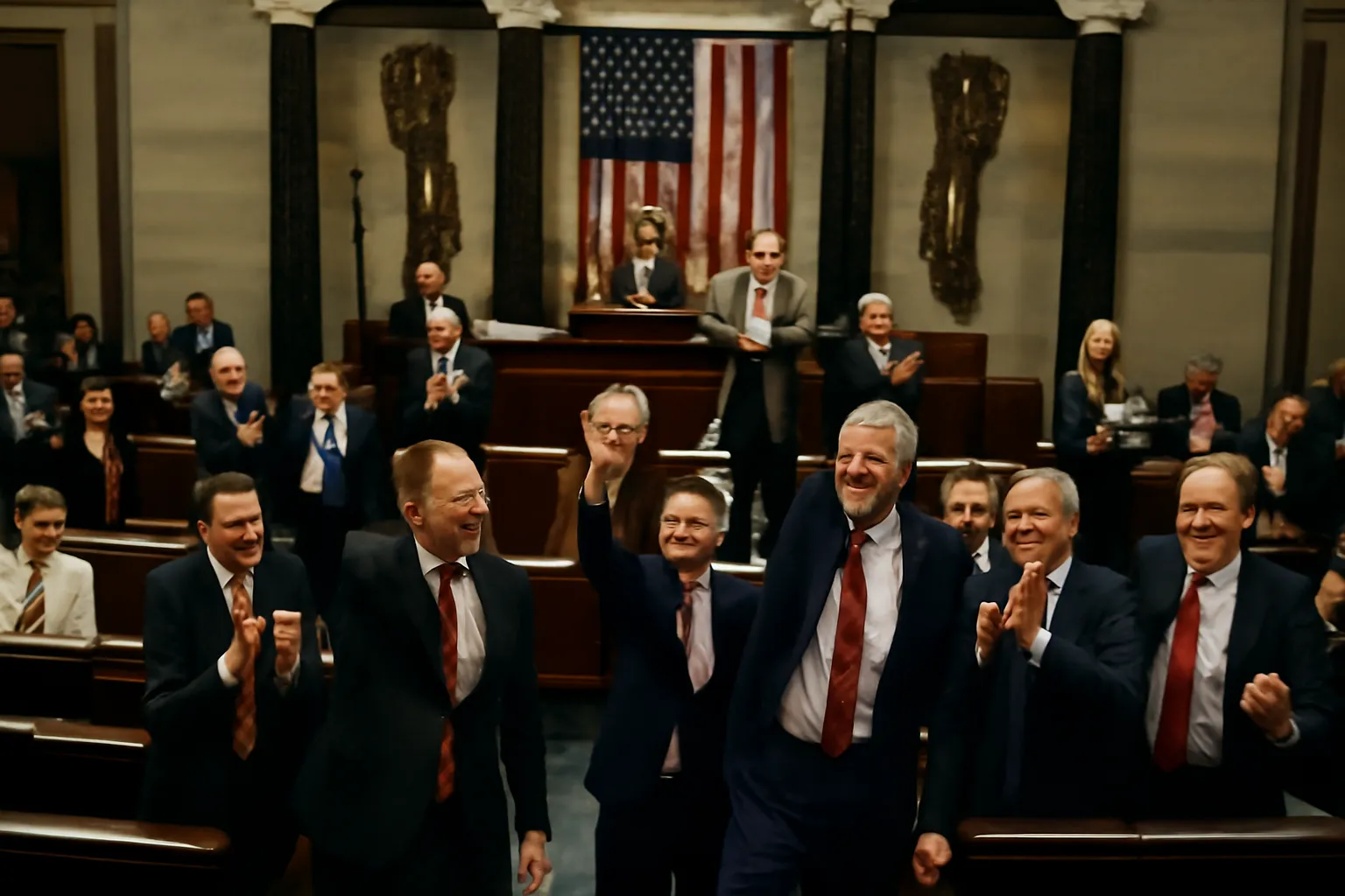 美国国会众议院大而美法案投票现场，共和党议员庆祝历史性立法胜利