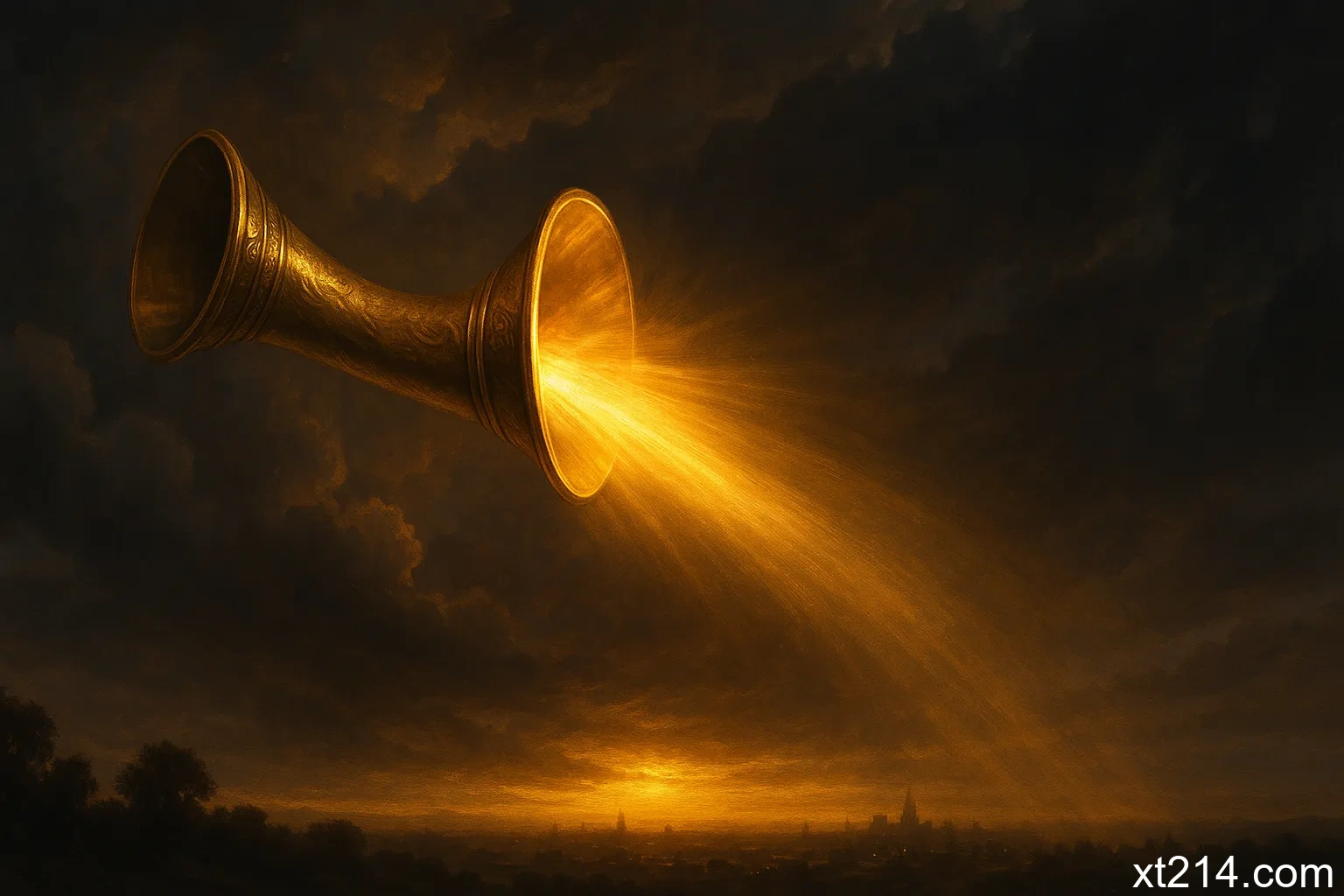 一支古代的号角在云彩中发出警告之声，光芒从号角中射出，照亮黑暗的大地