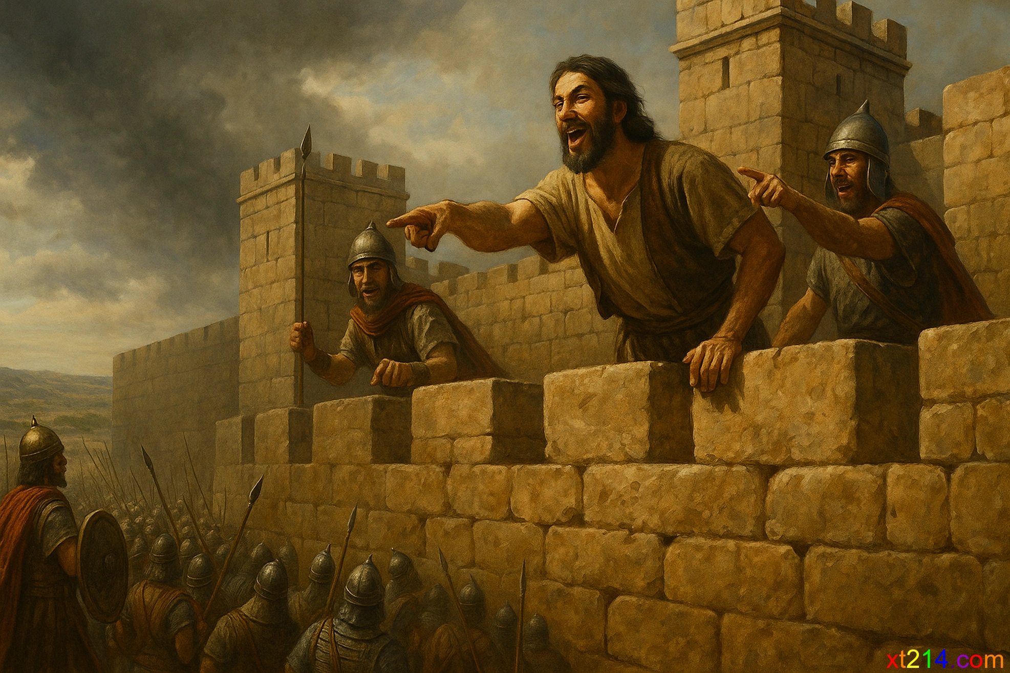 耶布斯人站在城墙上嘲讽大卫的军队