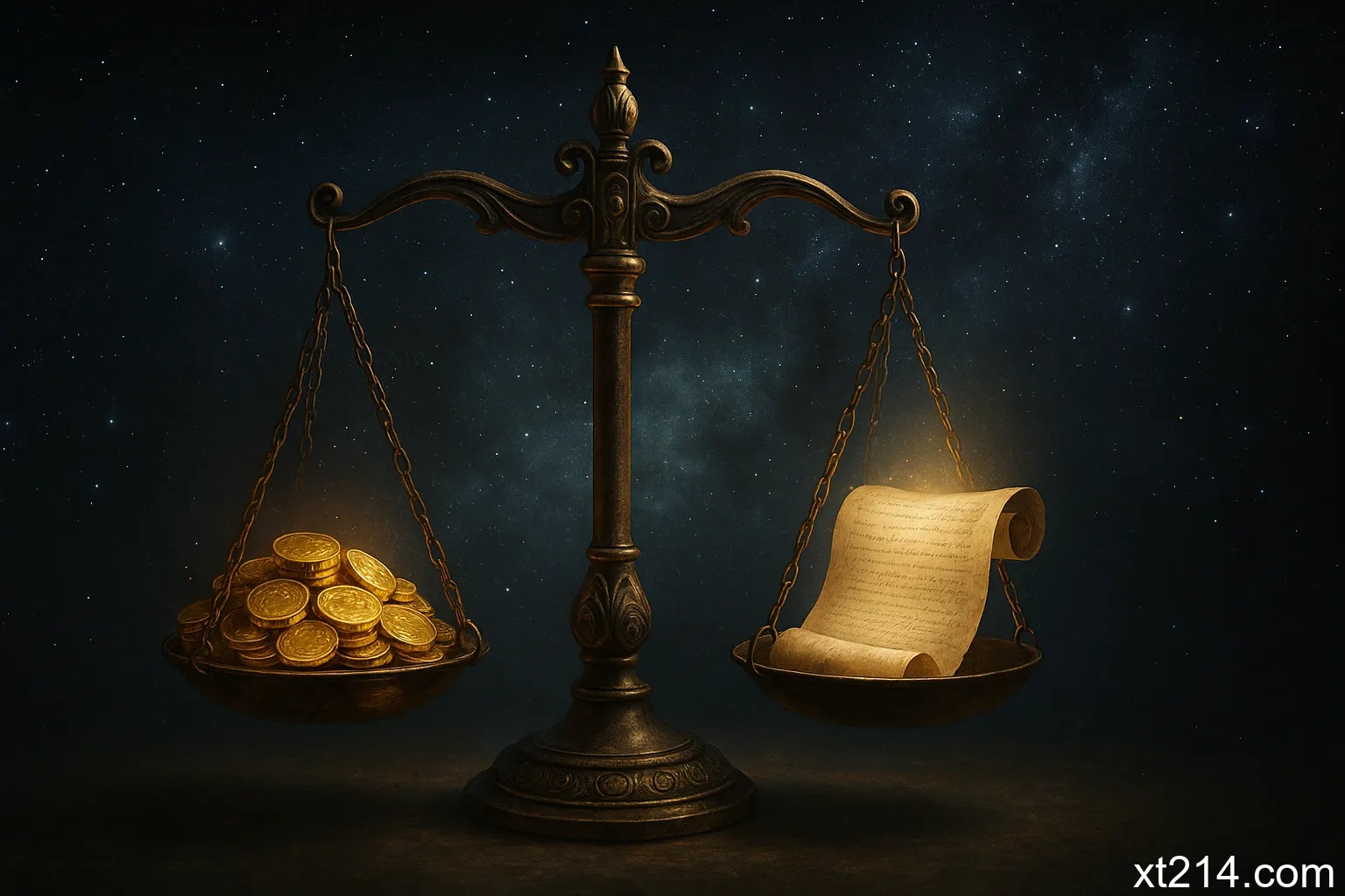 一个古代天平，一边放着金币代表钱财，另一边放着发光的书卷代表智慧，背景是永恒的星空