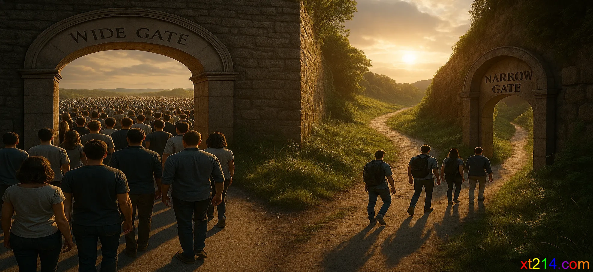 两个对比的画面：一边是人们敬拜神的宝座，另一边是人们围绕自己的感受，象征以神为中心vs以人为中心