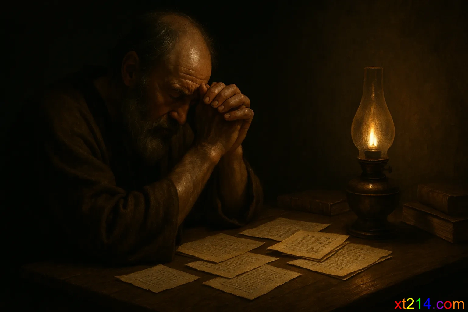 保罗在夜晚为各地教会祷告，桌上摆着写给各教会的书信，象征使徒的牧者心肠和正确的忧虑