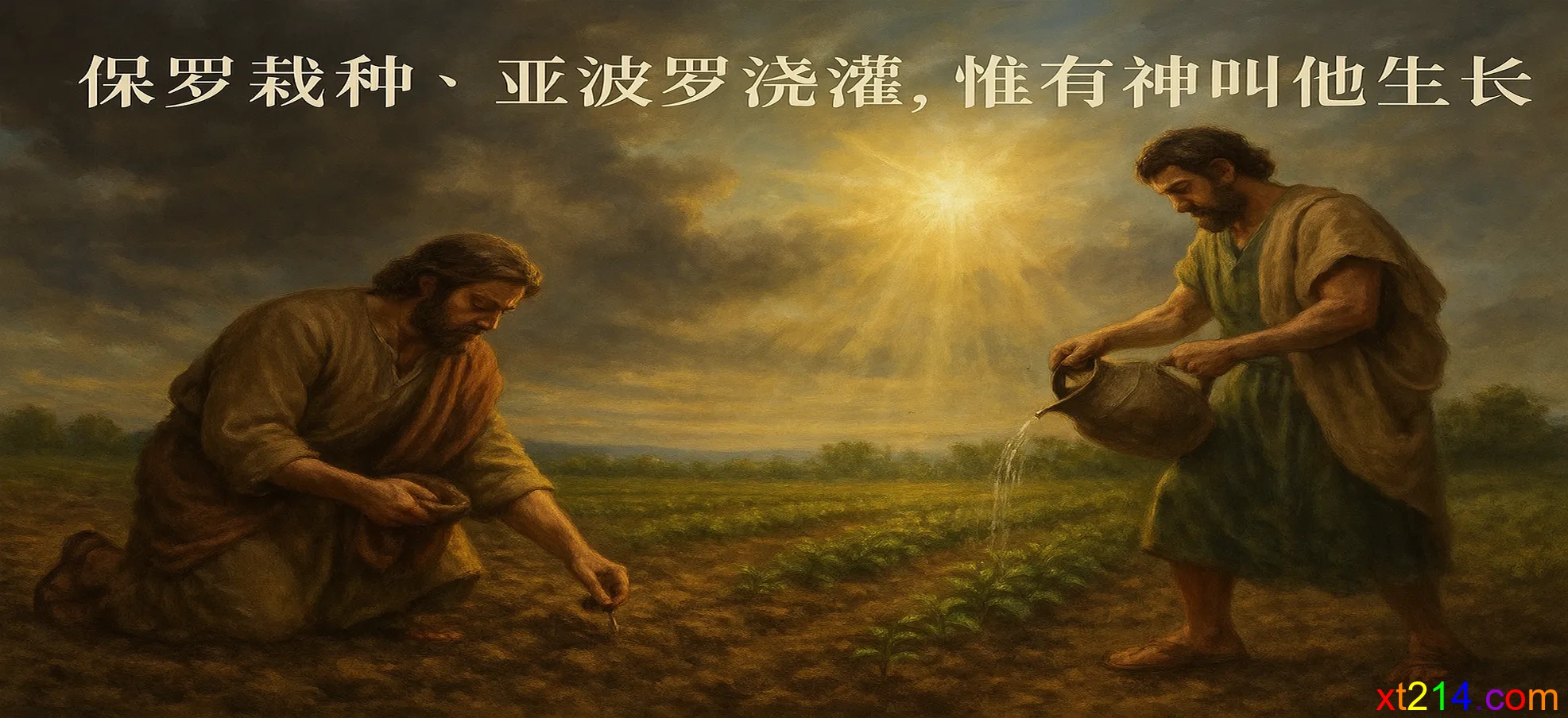 保罗在田地里栽种，亚波罗在浇灌，天空中神的光芒照耀使植物生长，象征各人尽责神叫生长