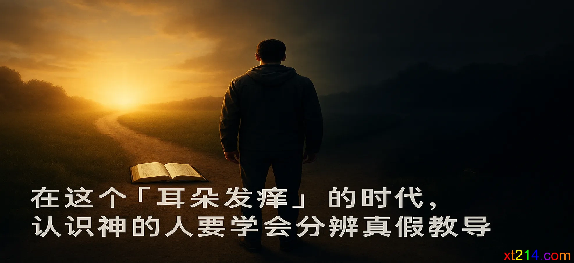 一个人站在十字路口，一条路通向光明有圣经作指引，另一条路看似美好但通向黑暗，象征分辨真假教导的重要性