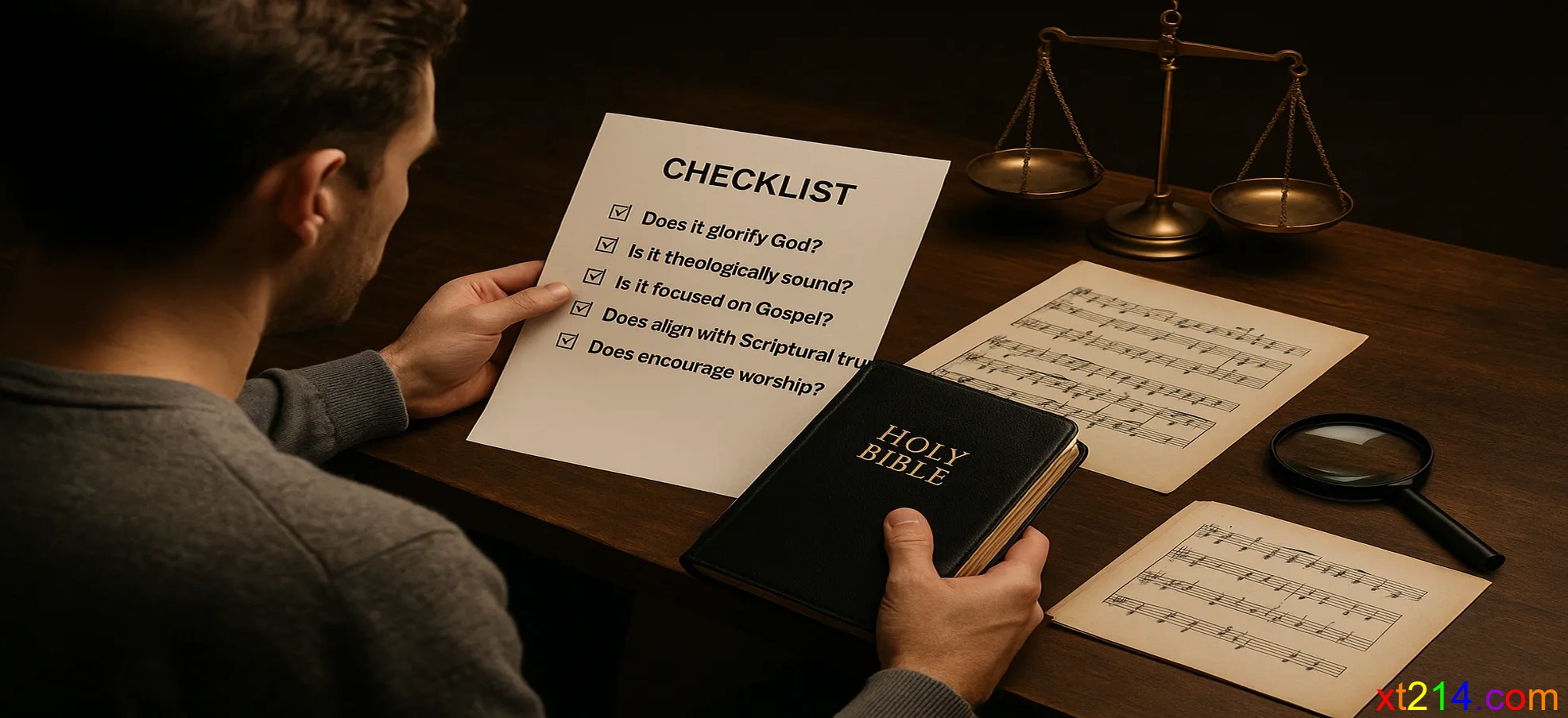 一个人手持检查清单对照圣经和乐谱，旁边有天平和放大镜，象征仔细分辨的过程