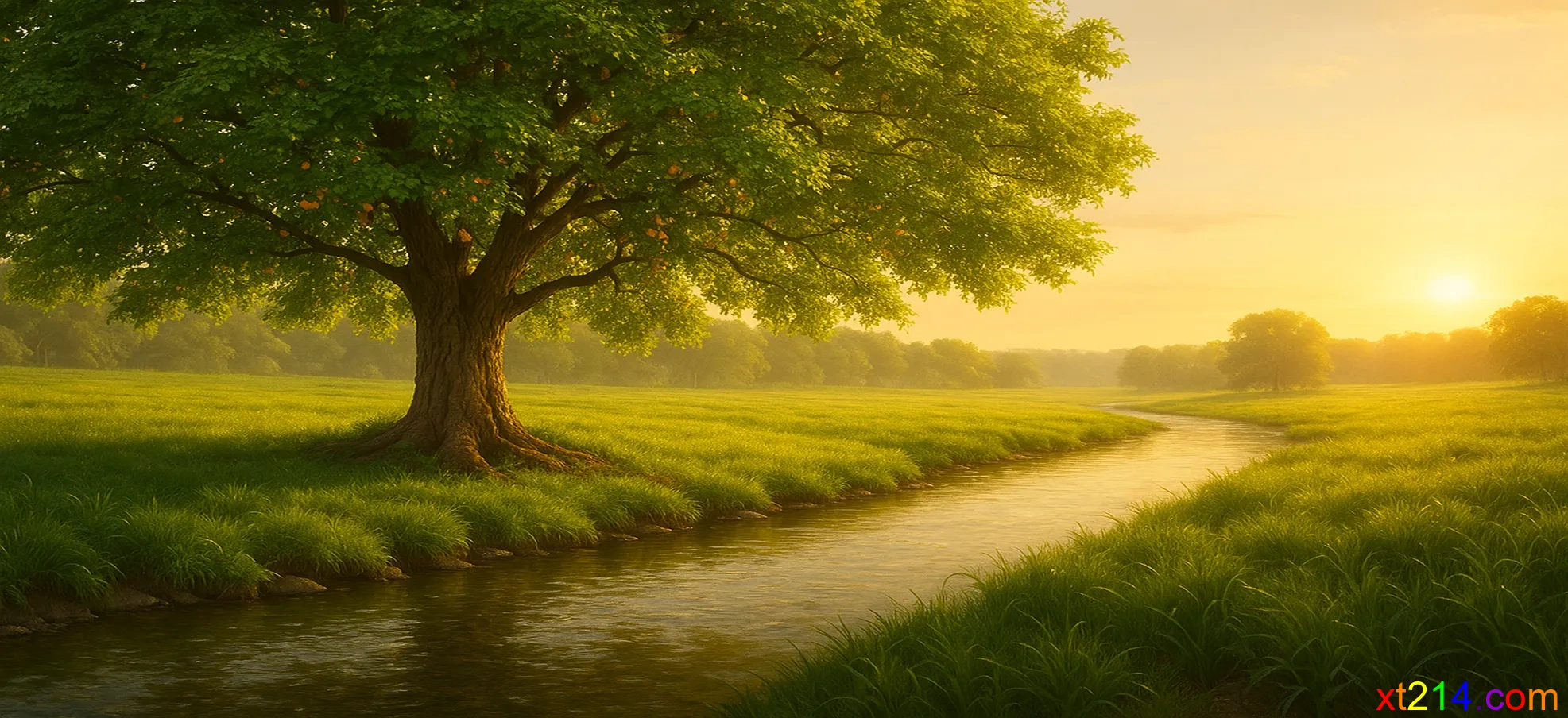 一棵繁茂的大树栽在清澈的溪水旁，果实累累，象征昼夜思想神话语的人像树栽在溪水旁