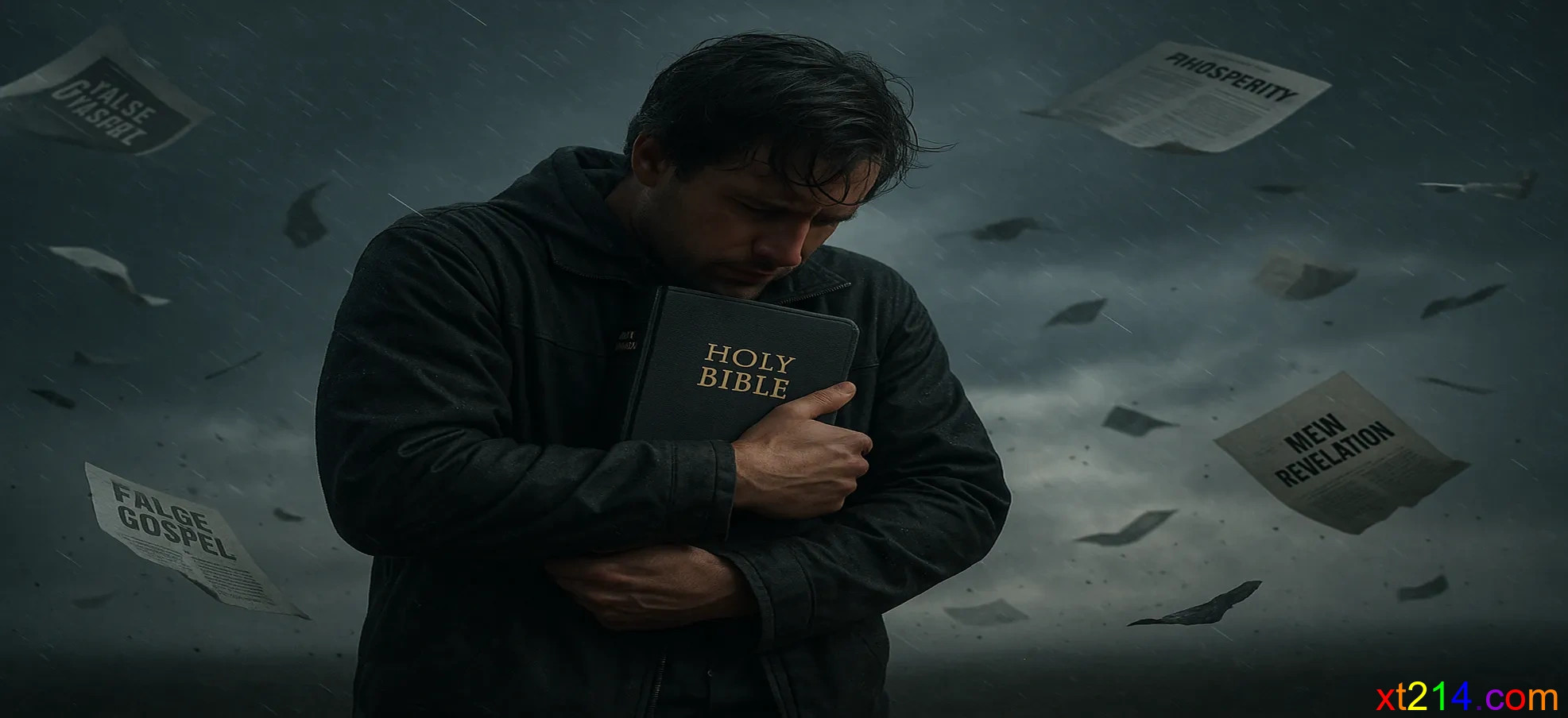暴风雨中一个人紧紧抱着圣经，周围有各种虚假的教导被风吹散，象征在末世中持守真道