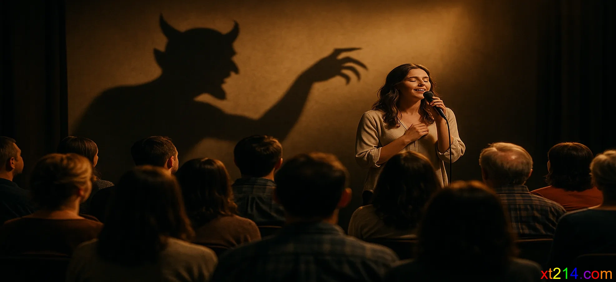 许多人围坐在舞台前听甜美的歌声，但歌手的影子却是魔鬼的形状，象征耳朵发痒时代的欺骗