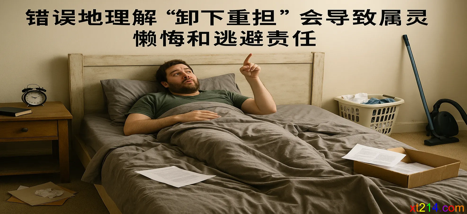 一个人躺在床上指着天空说神会做一切，周围有未完成的工作，象征错误理解导致的懒惰