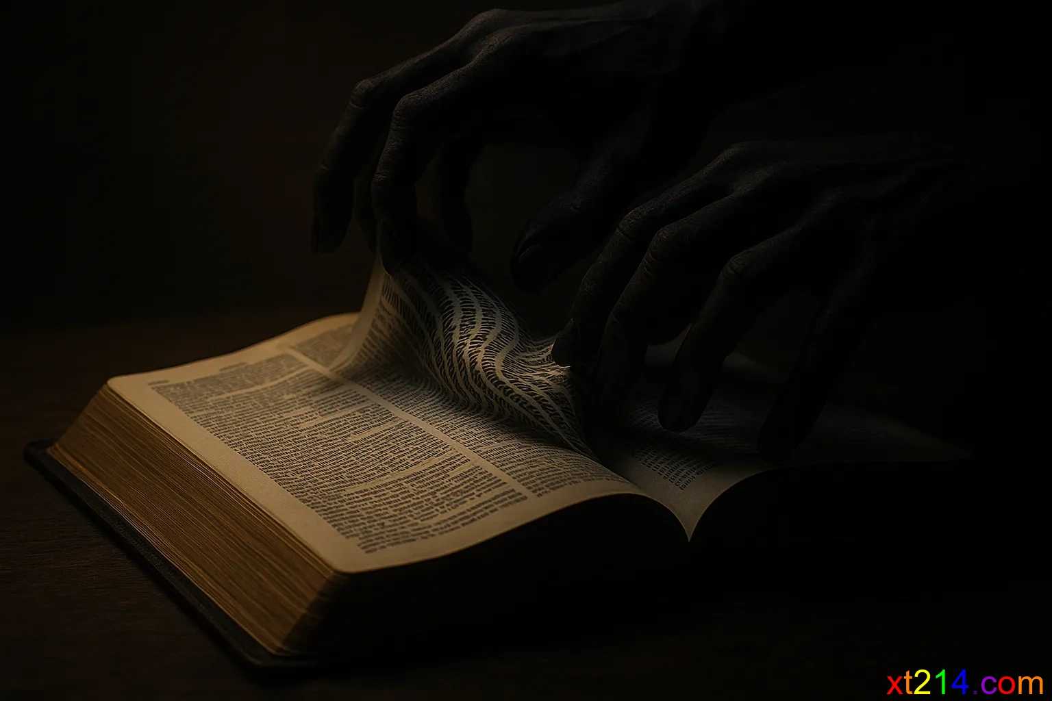 一本打开的圣经，页面上的文字被黑暗的手扭曲变形，象征魔鬼篡改神话语的欺骗手法