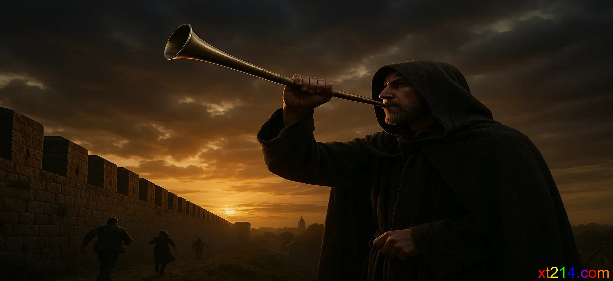 一个守望者站在城墙上吹号角警告，城下有人在危险中，象征我们警告的责任