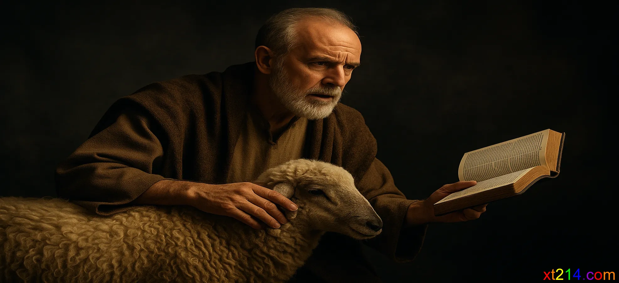 一个牧者一手拿着圣经指出错误，一手温柔地扶持软弱的羊，象征真理的严厉与牧者的怜悯