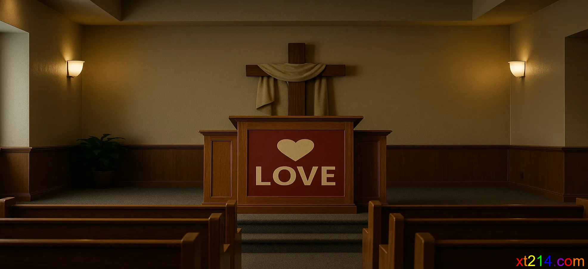 一个教会讲台上只有爱心的标语，但十字架被遮盖，象征现代教会只讲爱不讲悔改的妥协