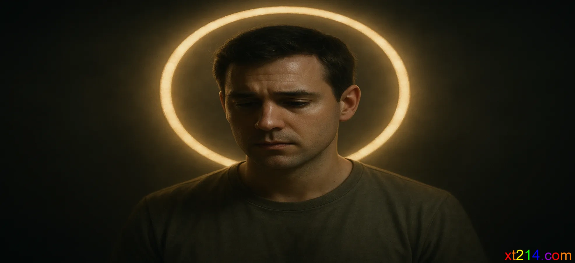 一个人被虚假的光环包围，但缺少十字架，象征没有十字架的虚假安慰