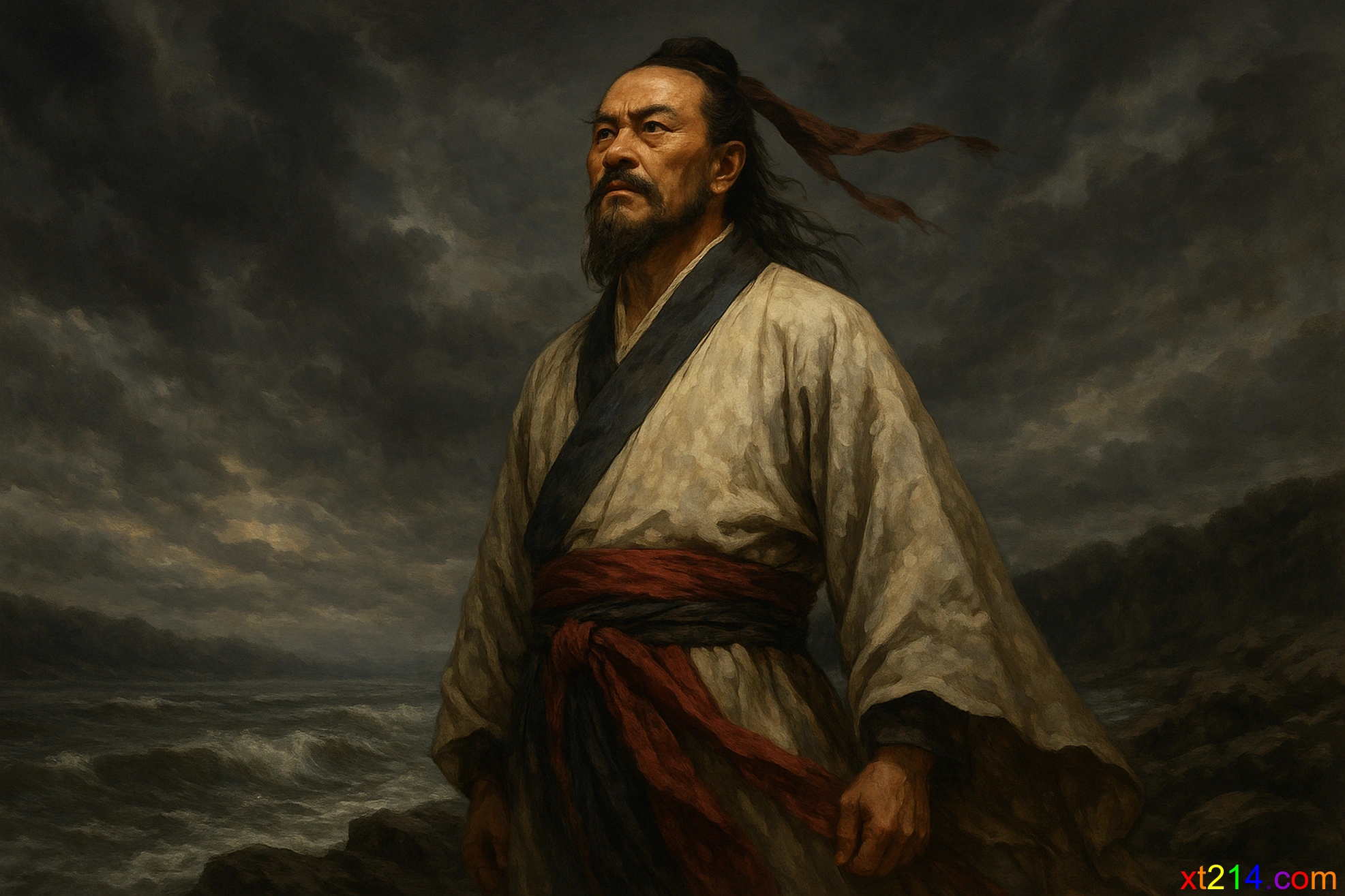 屈原投江前孤傲的神情，体现其自认清醒超群的精英意识