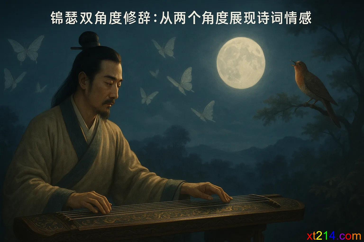 古代文人在月下弹奏锦瑟，背景显示蝴蝶与杜鹃的双重意象