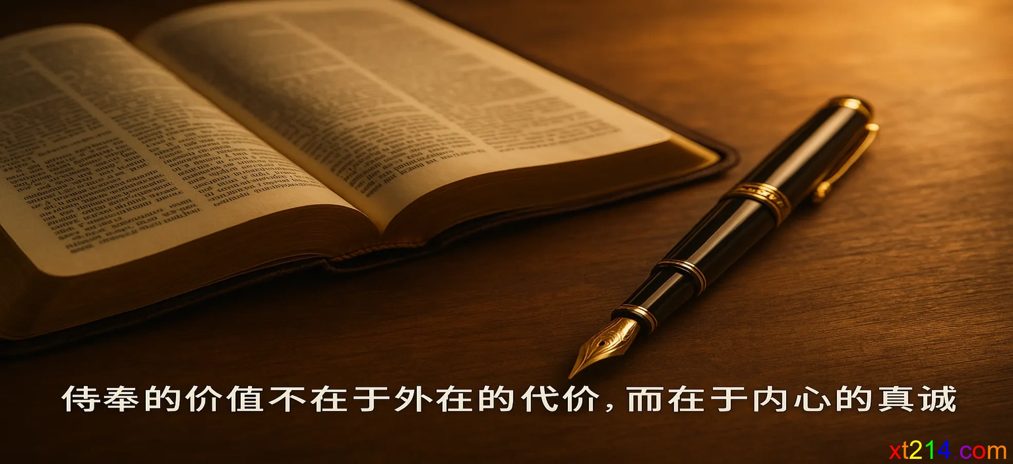 一支精致的墨水笔放在圣经旁边，象征着用心灵诚实来侍奉的态度