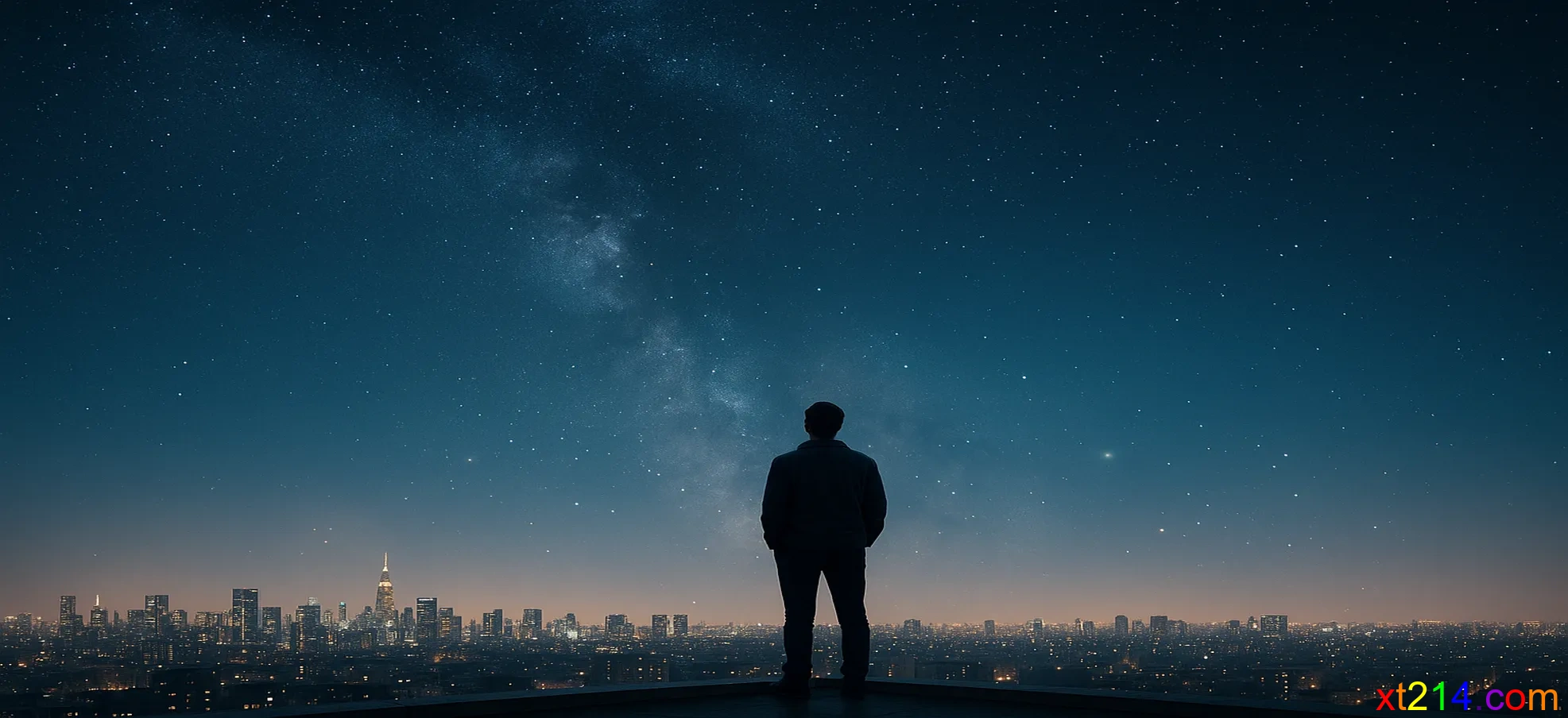 现代城市背景下，一个人仰望星空思考生命的终极意义和真正的主宰