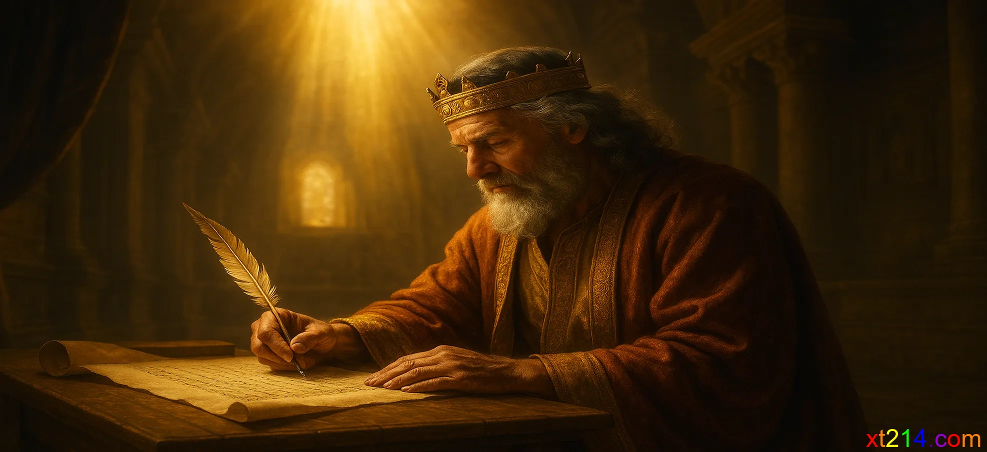 大卫王在圣殿中书写诗篇，圣灵感动下记录关于弥赛亚的预言