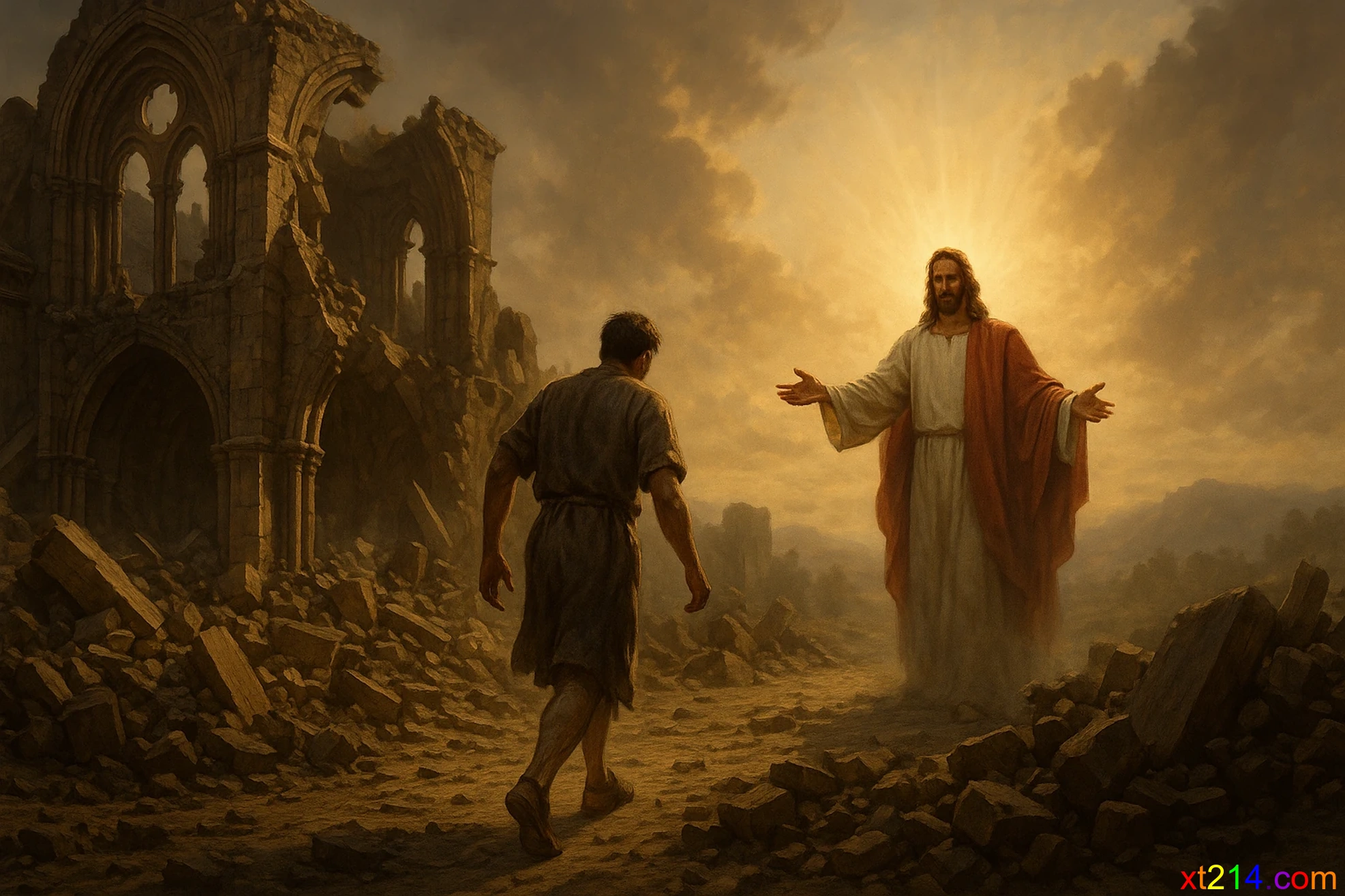 一个人从破碎的宗教建筑中走出来投向耶稣的怀抱