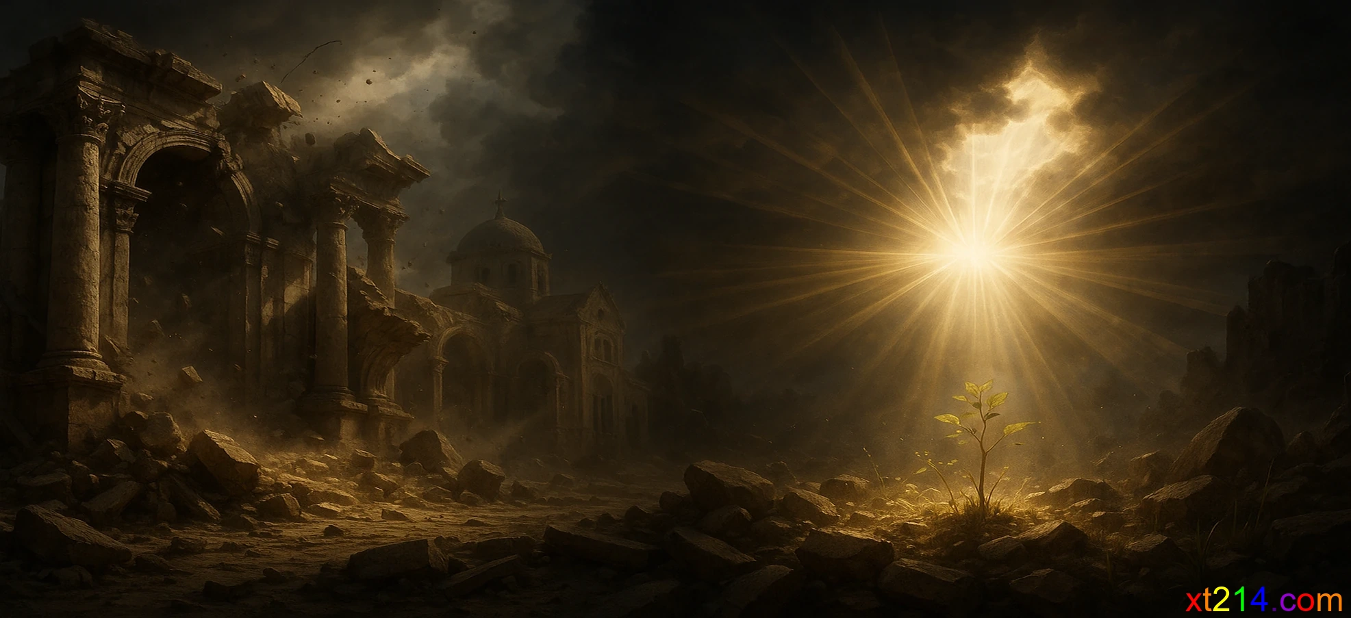 古老的宗教建筑倒塌同时新的生命在光中重建