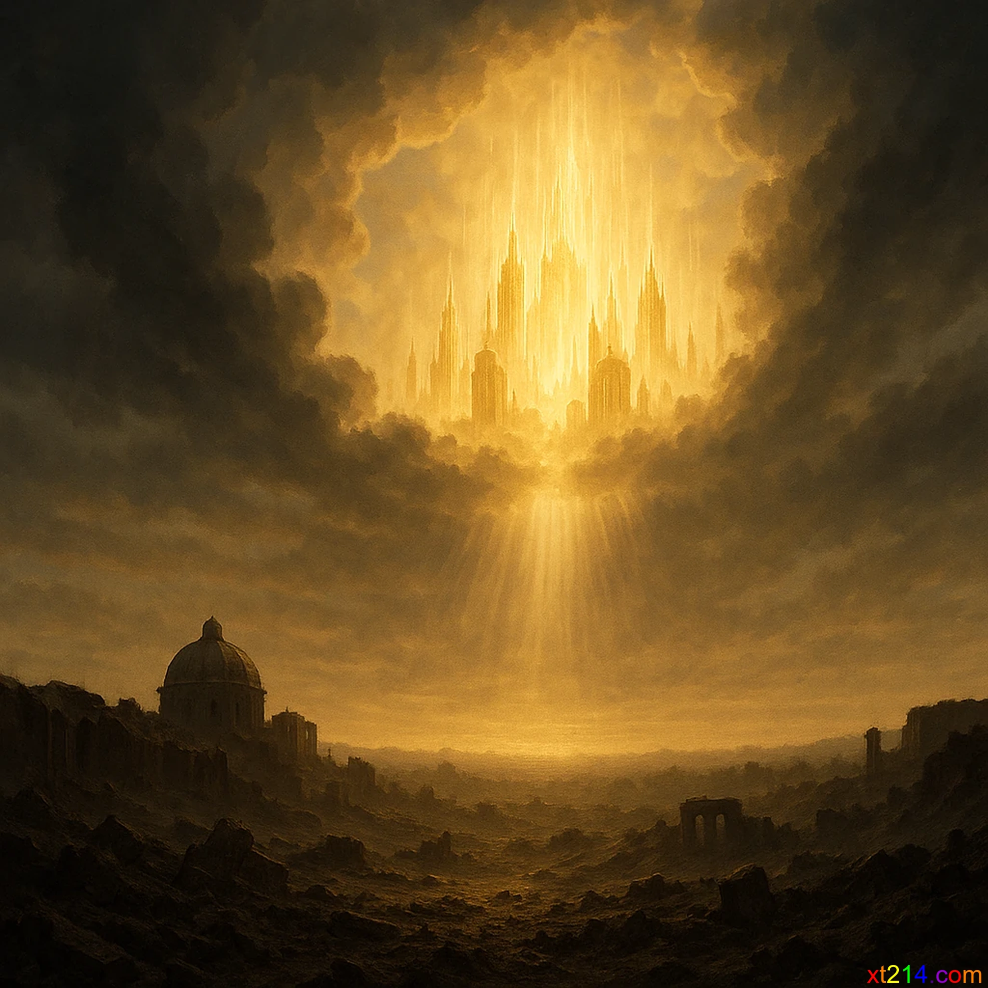 旧世界在消失新的神国在天空中显现降临