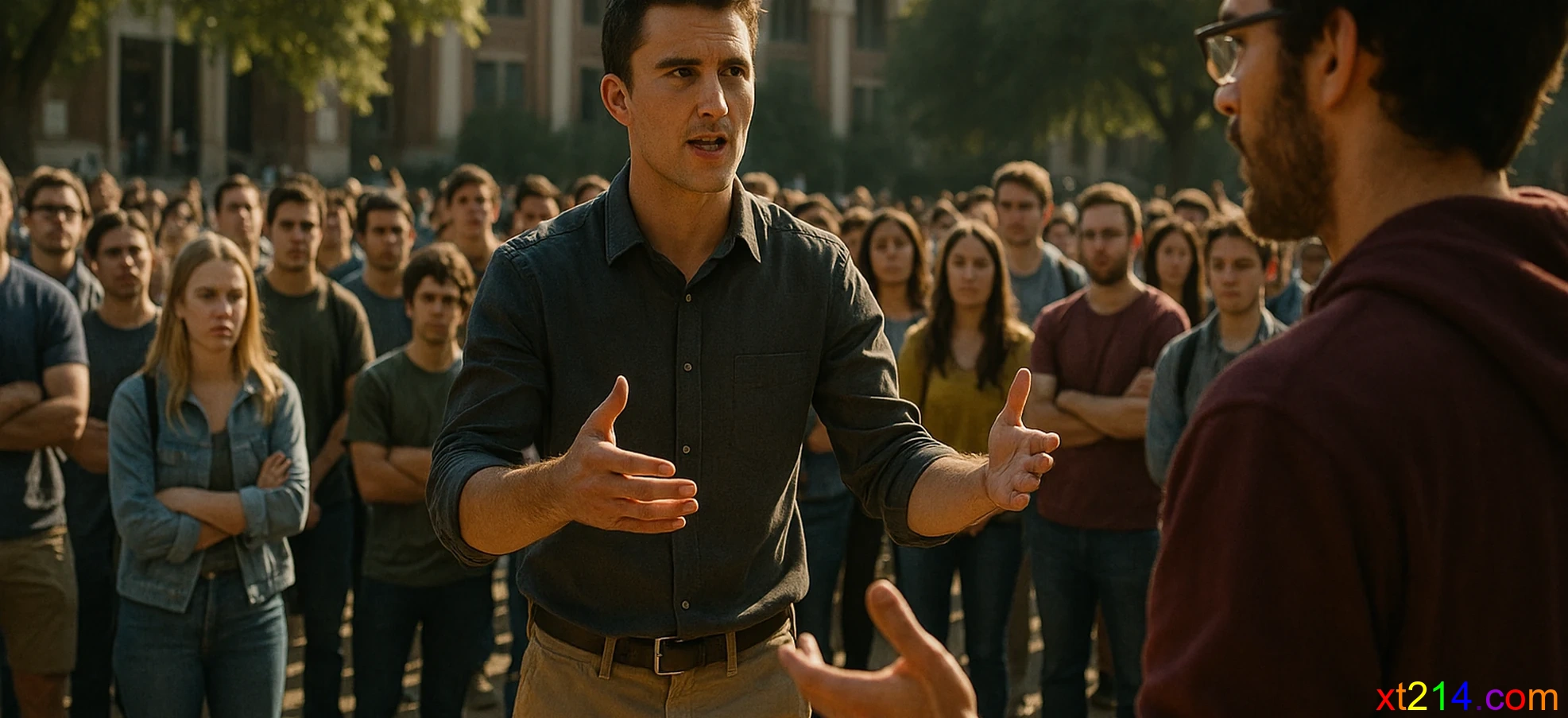 年轻人在大学校园户外进行激烈辩论，人群围观