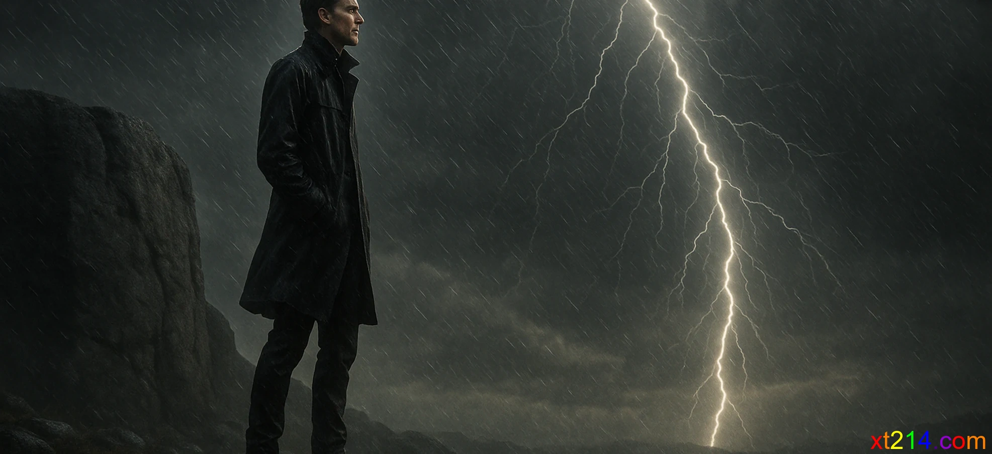 一个人在风暴中站立不动，背后是坚固的磐石，象征信仰带来的勇气