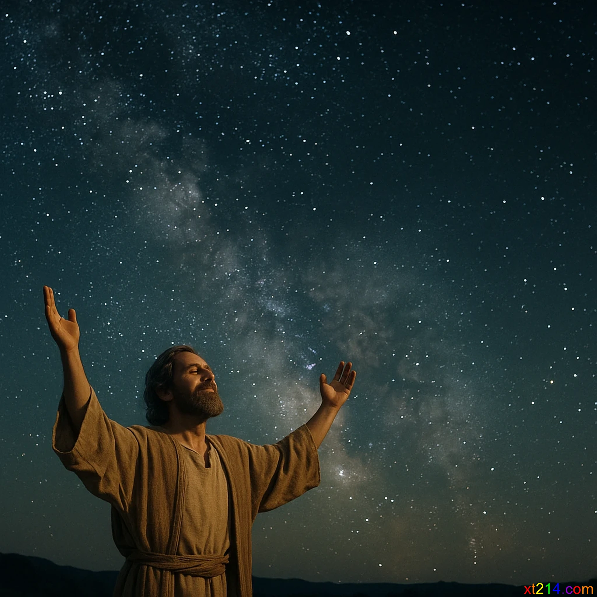 一位虔诚的人在星空下举手仰望天空，象征以诺与神同行的属灵关系