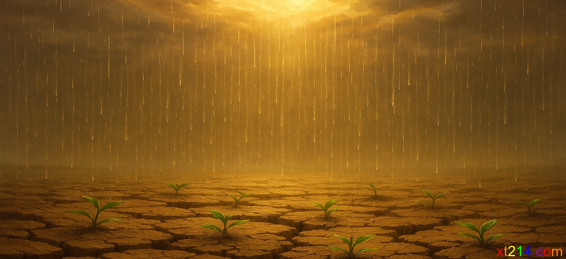 金色的雨水从天空降下，滋润干裂的土地，植物发芽生长