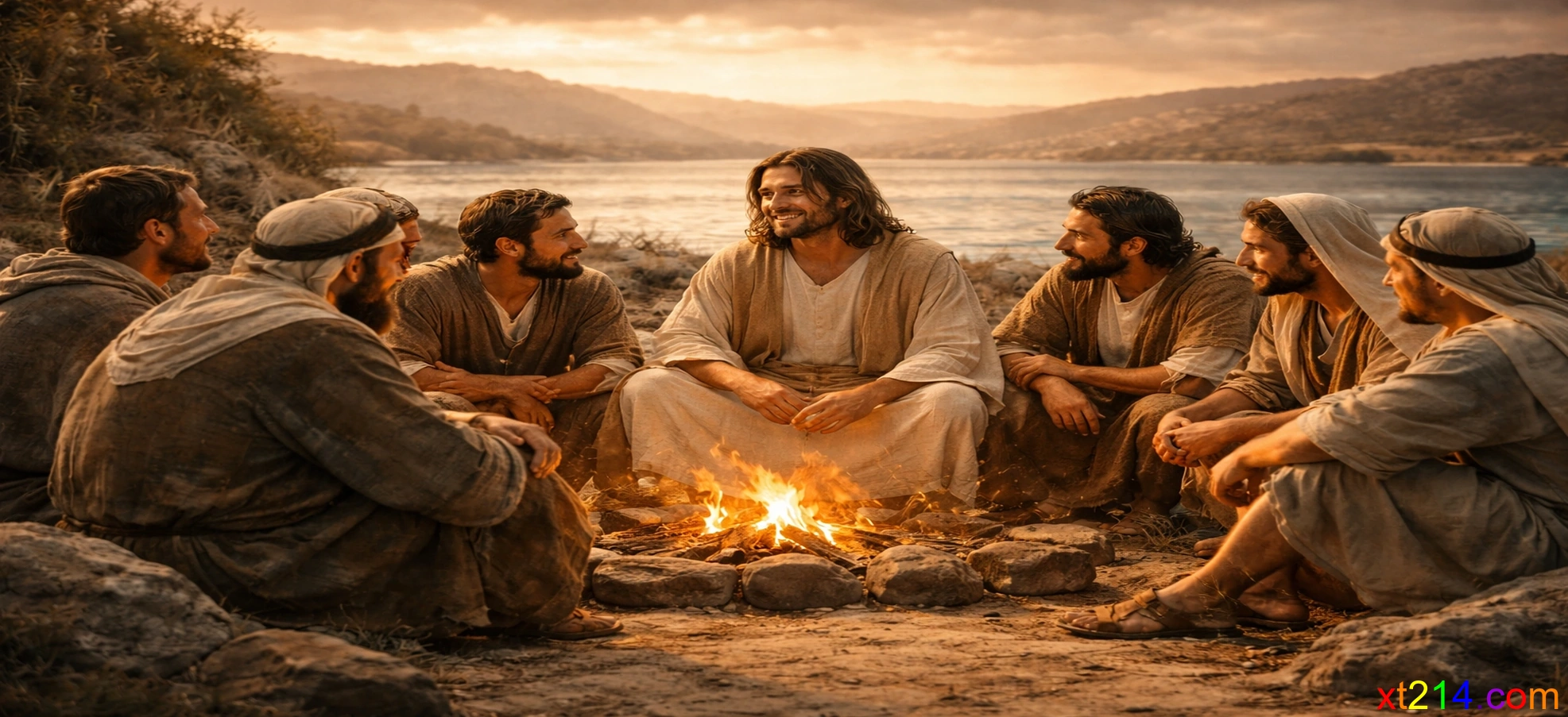 耶稣与门徒同在的场景，温暖的光芒环绕，超写实历史准确风格，展现神同在的真实