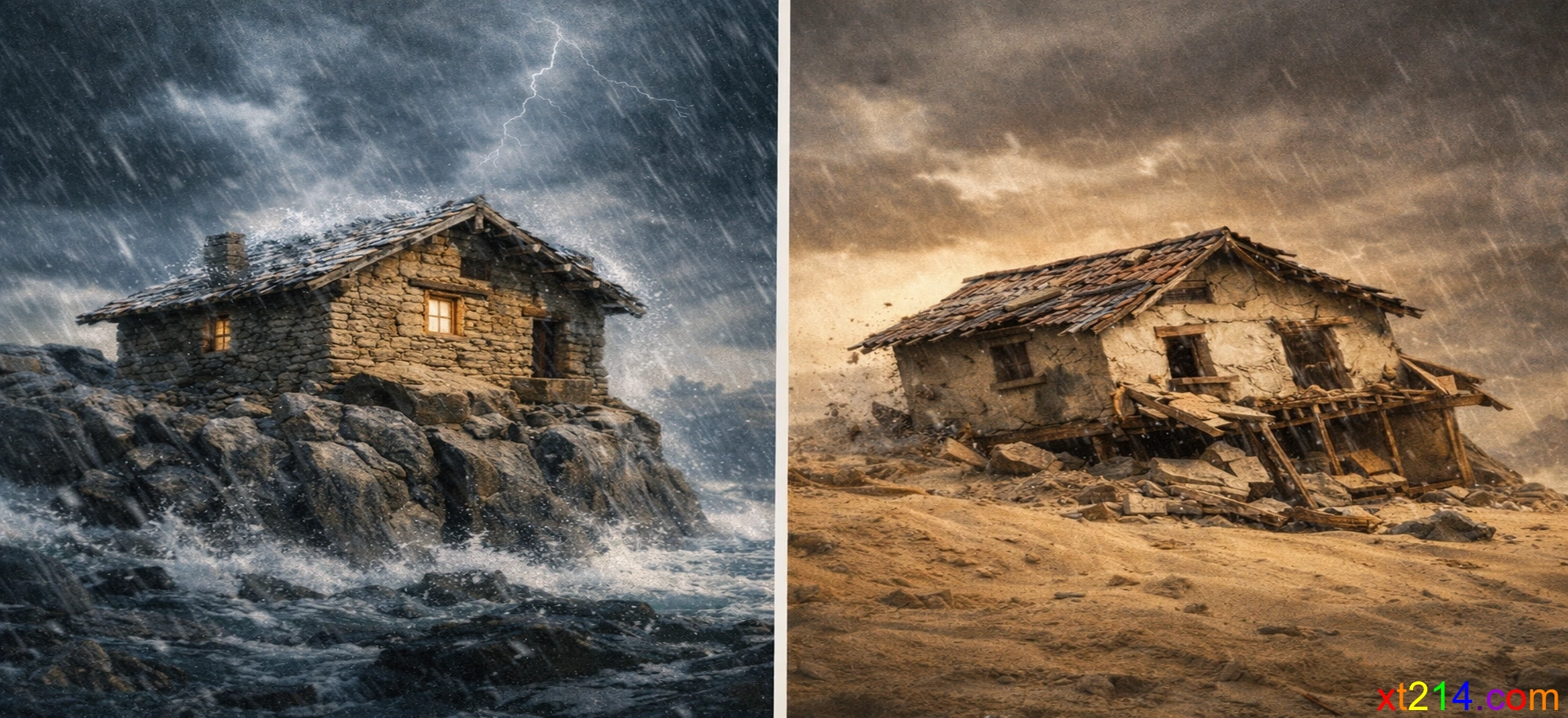 两座房子的对比场景，一座建在坚固磐石上屹立不倒，另一座建在沙土上在暴风雨中倒塌，超写实电影风格
