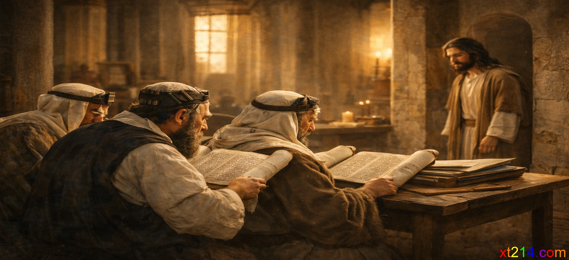 法利赛人在圣殿中研读经卷，但当耶稣出现在他们面前时却拒绝接受，历史准确的第一世纪犹太场景