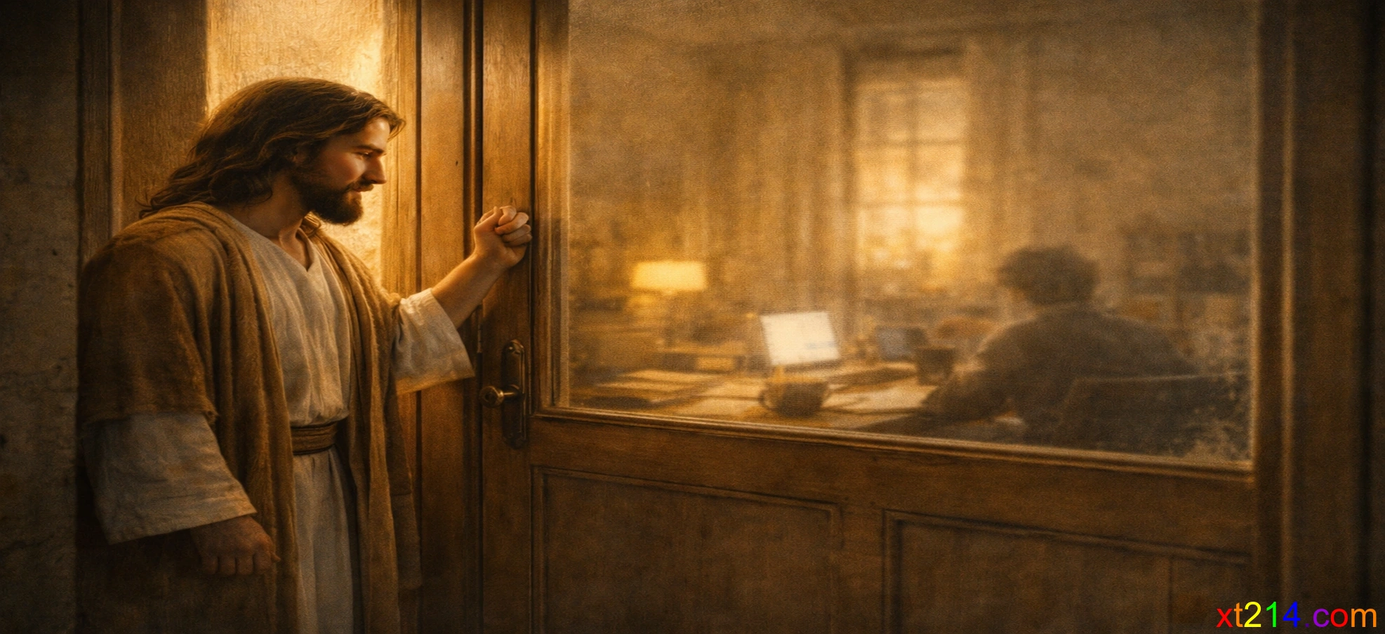 耶稣站在门外叩门，门内是一个人的日常生活场景，超写实风格，温暖的光线