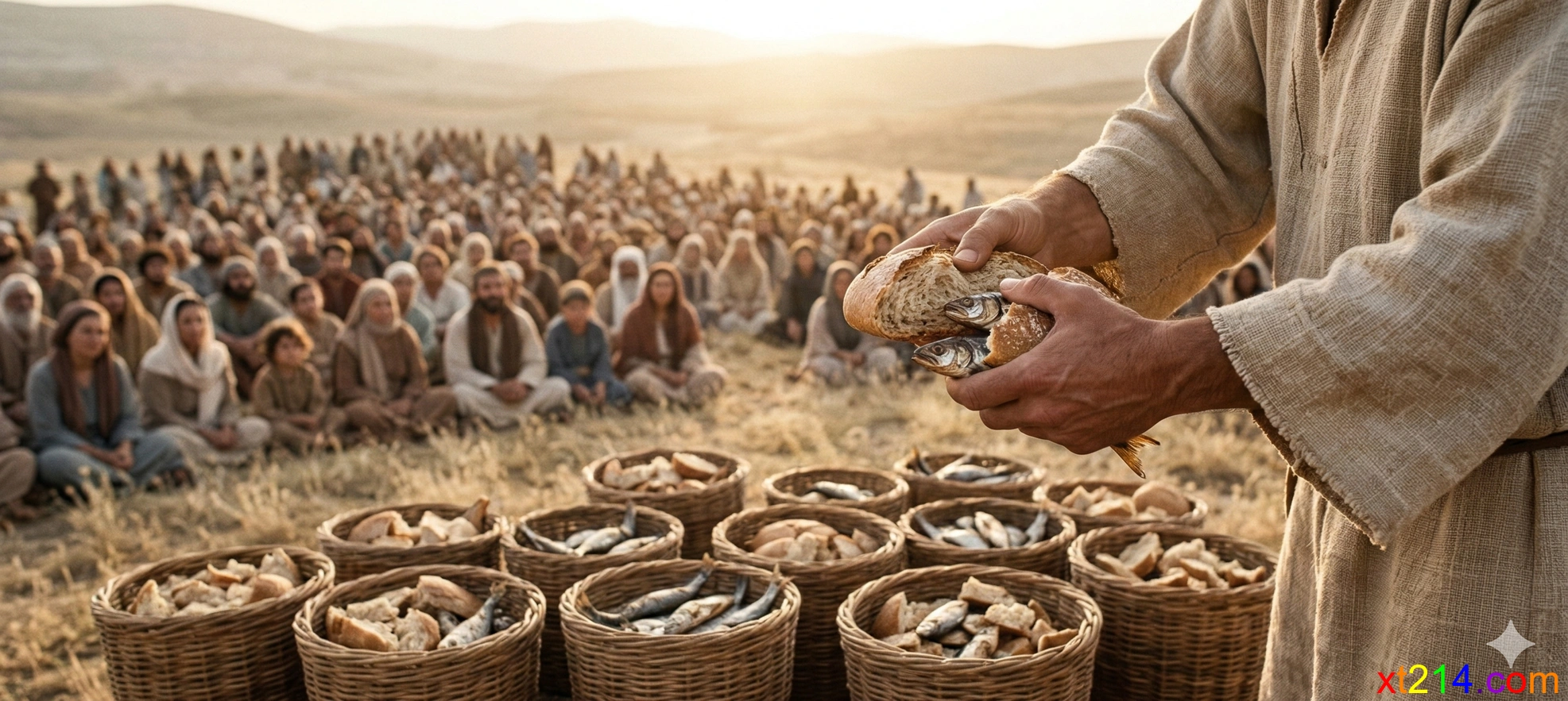 耶稣五饼二鱼喂饱五千人，象征神白白给予的恩典