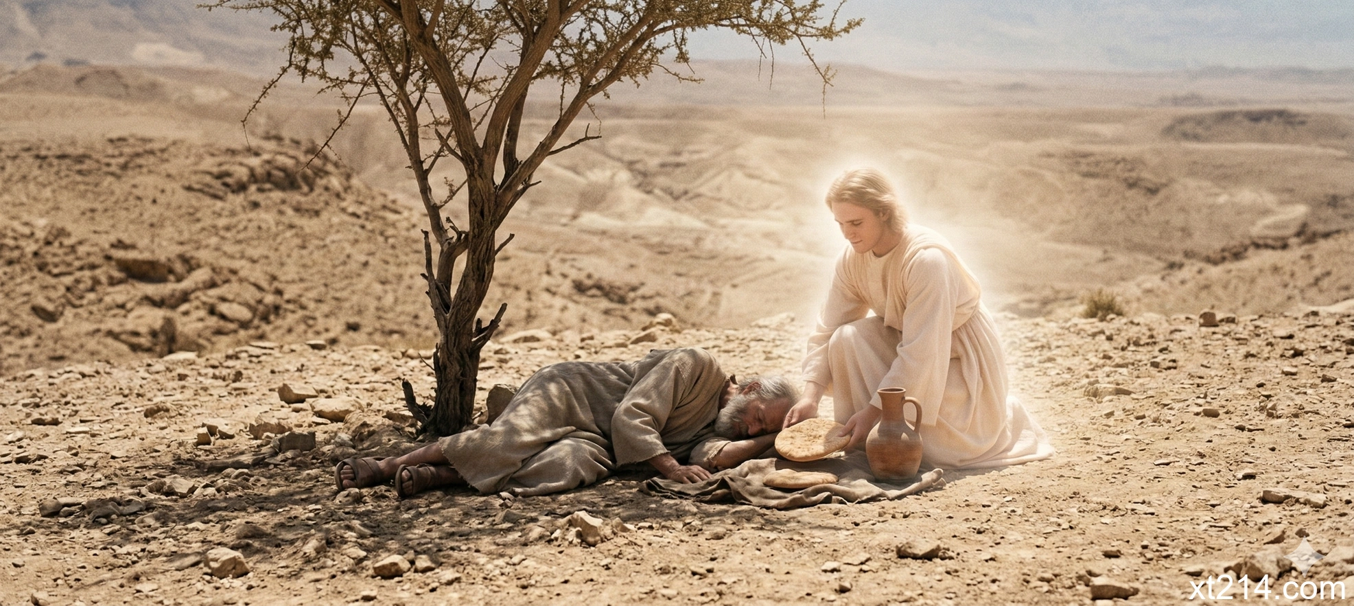 以利亚在旷野罗腾树下疲惫躺下，天使送来饼和水
