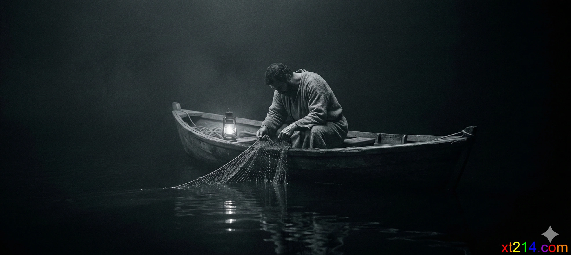 黑夜中空荡荡的渔网，象征离开神的恩典人的努力徒劳无功