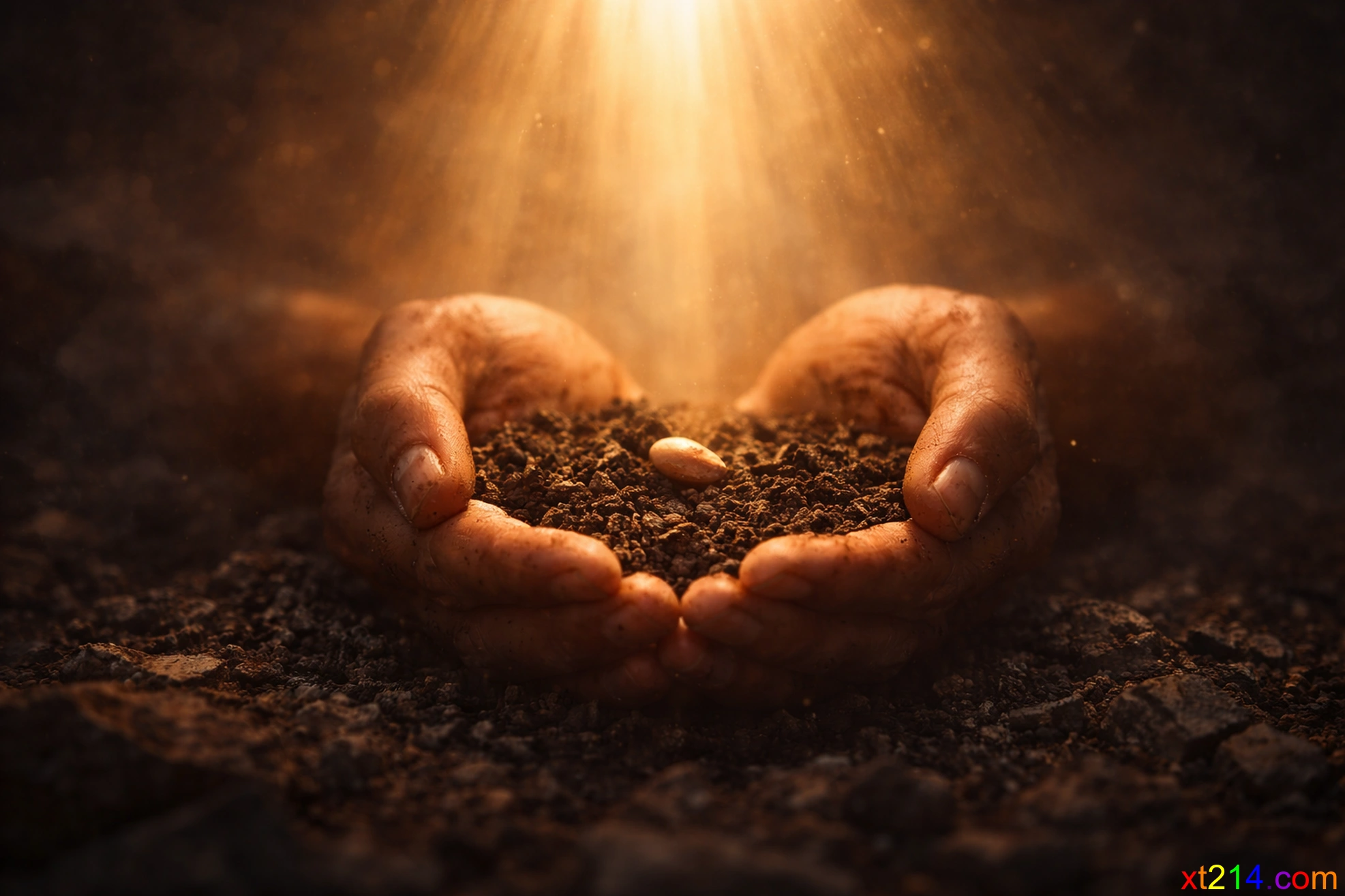 一双手捧着一粒种子，光从上方照下，背景是尚未破土的黑暗泥土