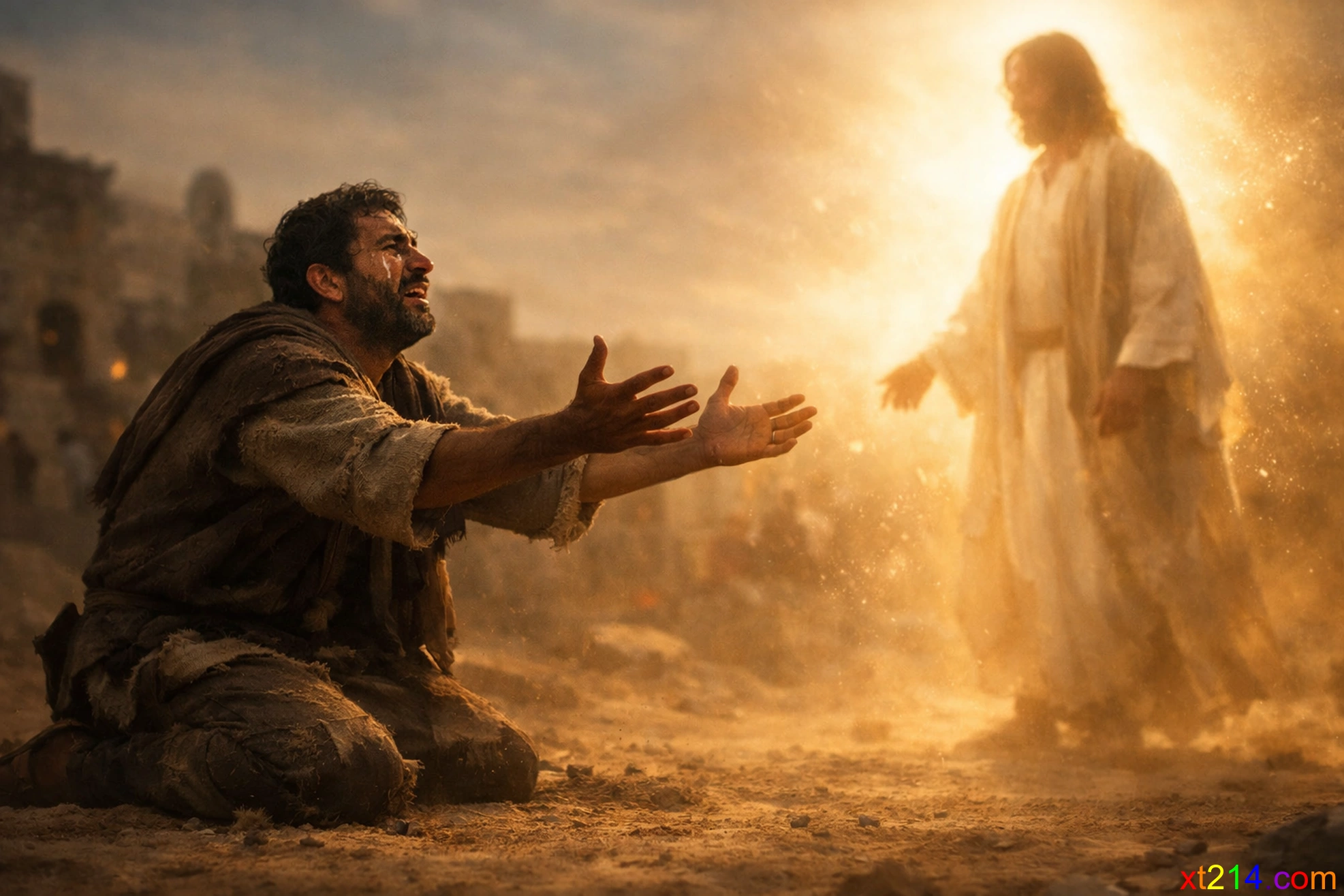 一位父亲跪在地上向耶稣呼求，眼中含泪却充满挣扎与盼望